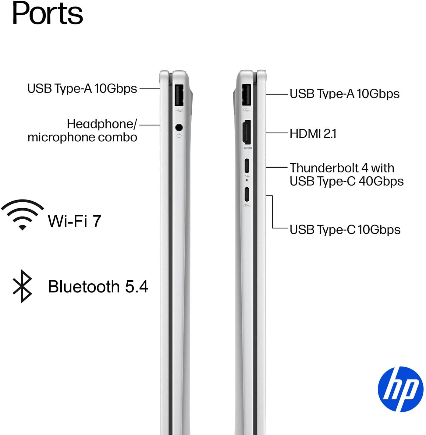 Ports

- USB Type-A 10Gbps
- Headphone/microphone combo
- Wi-Fi 7
- Bluetooth 5.4

- USB Type-A 10Gbps
- HDMI 2.1
- Thunderbolt 4 with USB Type-C 40Gbps
- USB Type-C 10Gbps