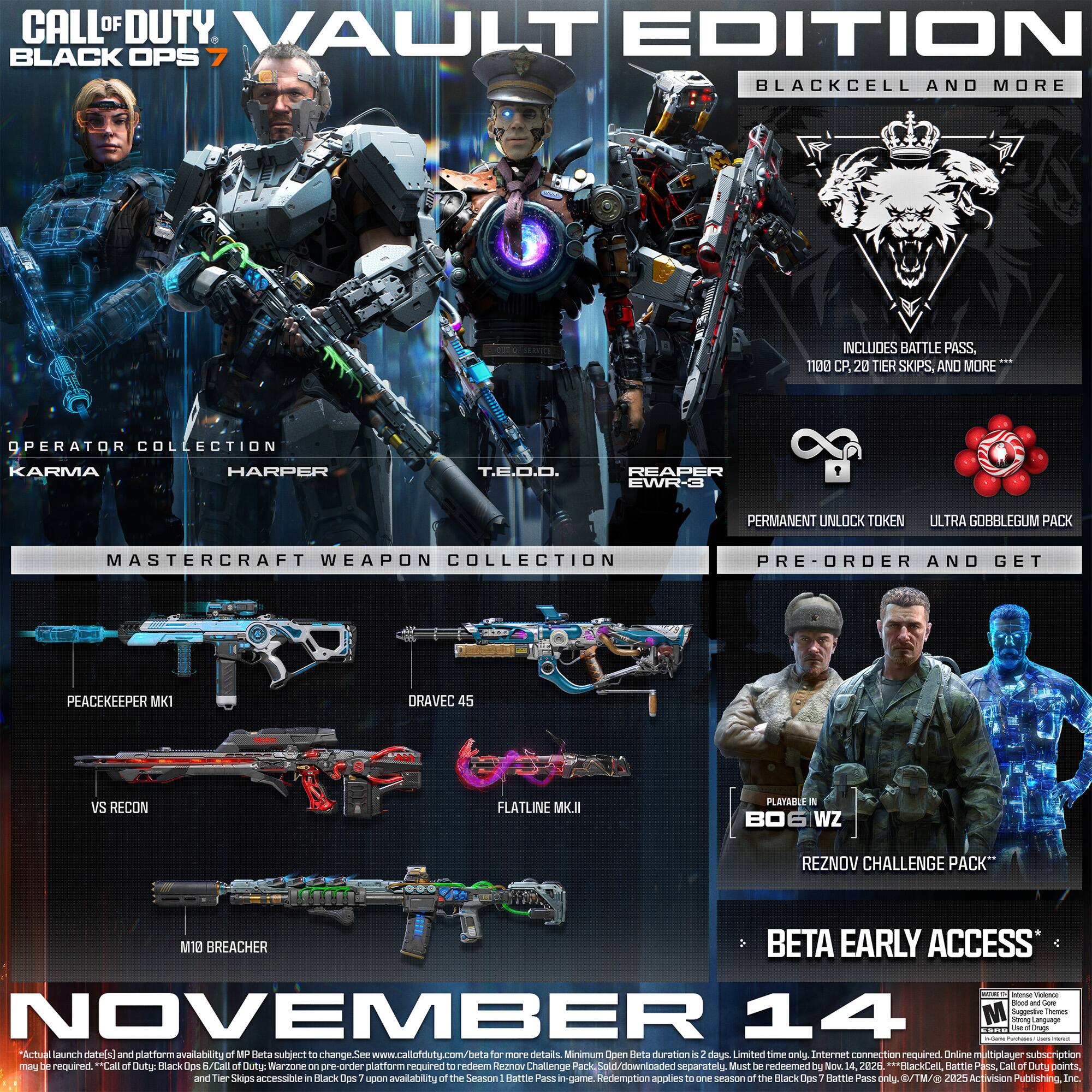 **CALL OF DUTY BLACK OPS 7 VAULT EDITION**

**BLACKCELL AND MORE**

- **OPERATOR COLLECTION**
  - KARMA
  - HARPER
  - T.E.O.O.
  - REAPER EWR-O

- **INCLUDES BATTLE PASS, 1100 CP, 20 TIER SKIPS, AND MORE**

- **PERMANENT UNLOCK TOKEN**

- **ULTRA GOBBLE GUM PACK**

- **MASTER CRAFT WEAPON COLLECTION**
  - PEACEKEEPER MKI
  - DRAVEC 45
  - VS RECON
  - FLATLINE MKII
  - M10 BREACHER

- **PRE-ORDER AND GET**
  - BO6 WZ
  - REZNOV CHALLENGE PACK*

- **BETA EARLY ACCESS**

**NOVEMBER 14**

*Actual launch date and platform availability of MP Beta subject to change. See www.callofduty.com/beta for more details. Minimum Beta duration is 2 days. Limited time only. Internet connection required. Online multiplayer subscription may be required. "Call of Duty: Black Ops 7" and "Call of Duty: Warzone" pre-order platform required to redeem Reznov Challenge Pack. Sold/downloaded separately. Must be redeemed by Nov 14, 2023. "Black Ops 7" Battle Pass, Call of Duty points, and Tier Skips accessible in Black Ops 2 upon availability of the Season 1 Battle Pass. Redemption applies to one season of the Black Ops 2 Battle Pass only. ©2023 Activision Publishing, Inc.