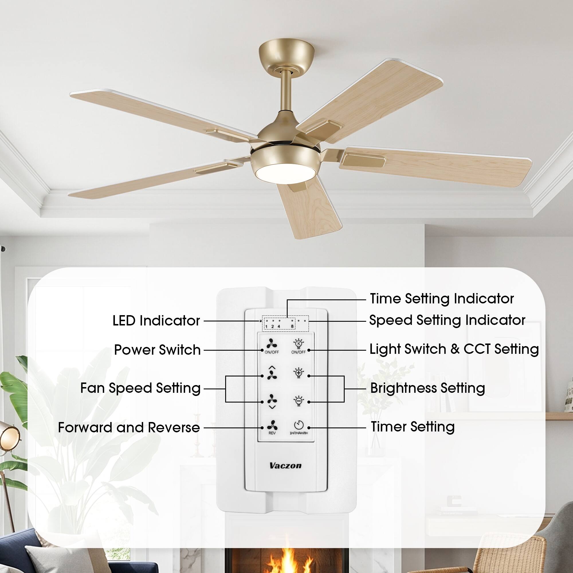 LED Indicator  
Time Setting Indicator  
Speed Setting Indicator  
Power Switch ON/OFF  
Light Switch & CCT Setting  
Fan Speed Setting  
Brightness Setting  
Forward and Reverse  
Timer Setting  
Vaczon