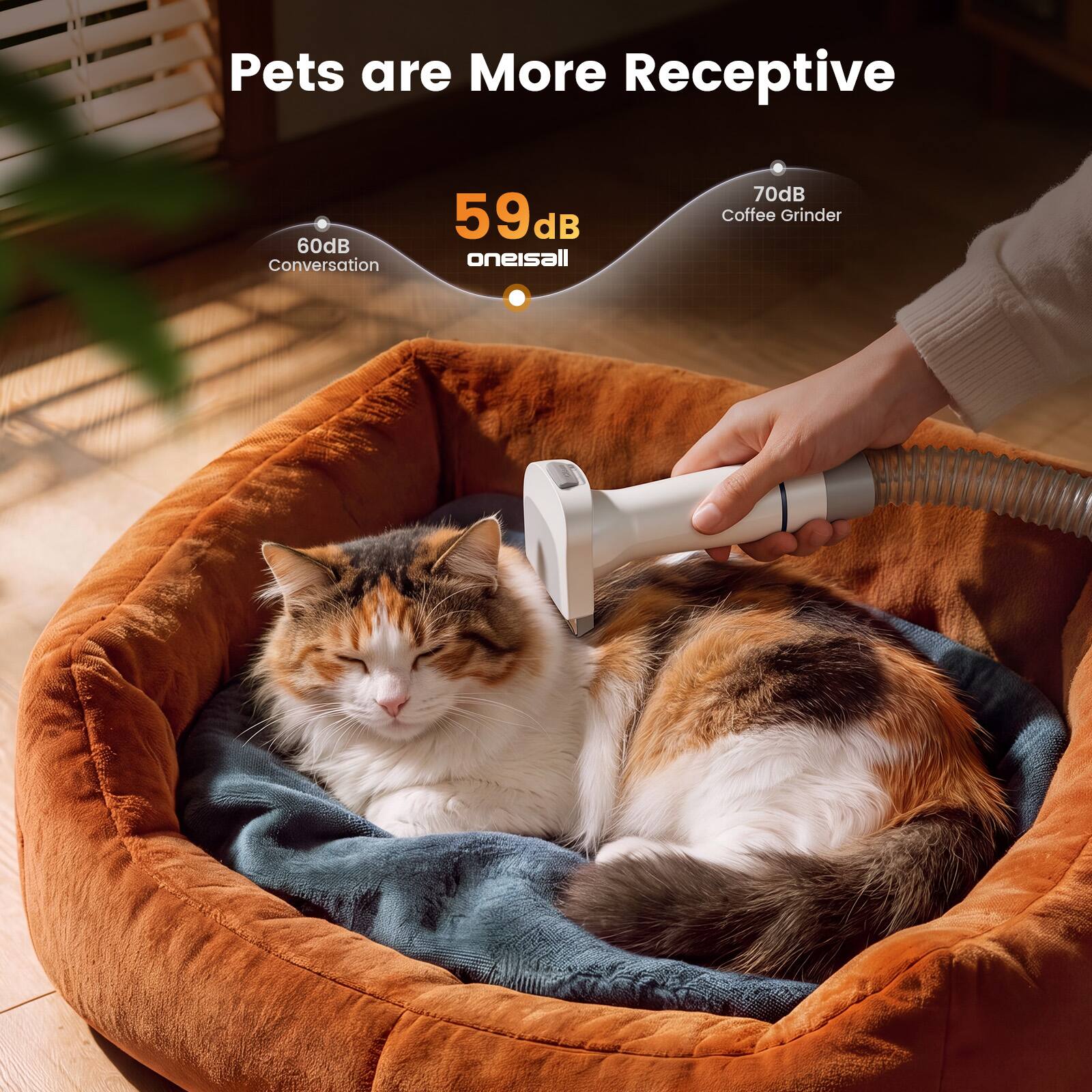 Pets are More Receptive

60dB Conversation
59dB oneisall
70dB Coffee Grinder