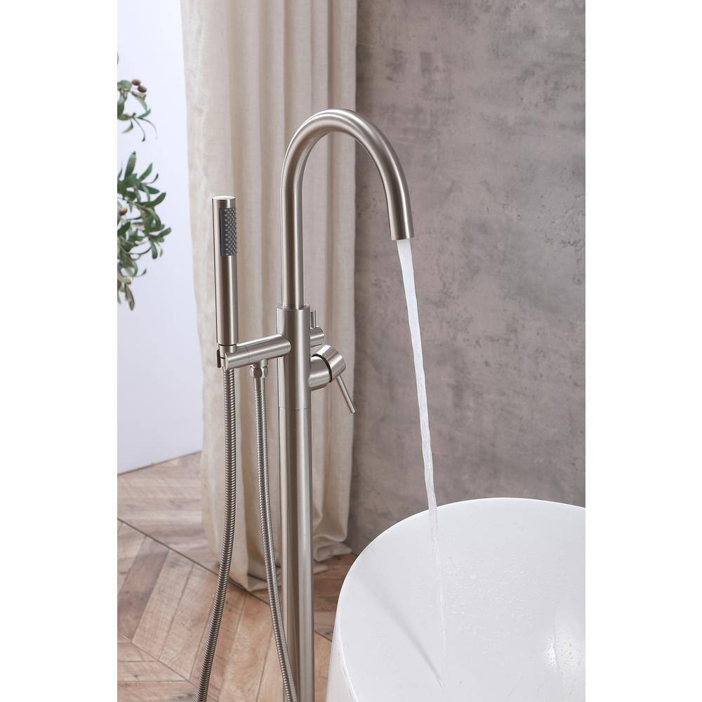 Alt View 8. Elegant Kitchen and Bath - Steven Floor Mounted Roman Tub Faucet with Handshower in Brushed Nickel - Brushed Nickel.