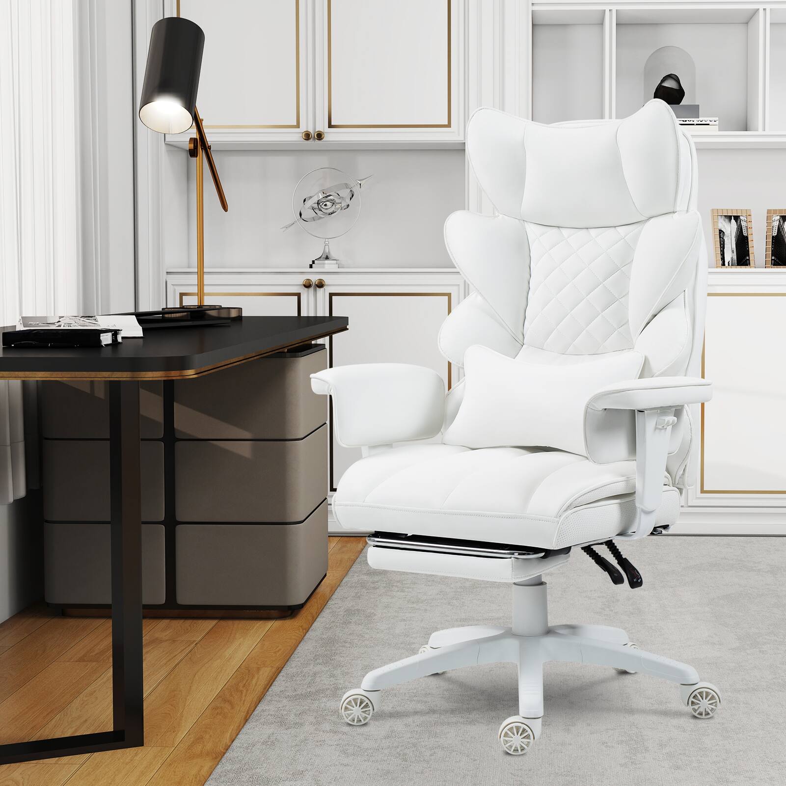 Alt View 4. Dowinx - Wide Back Executive Office Chair with Padded Pocket Spring Cushion, Reclining Gaming Chair with Footrest and Armrests - White PU Leather.