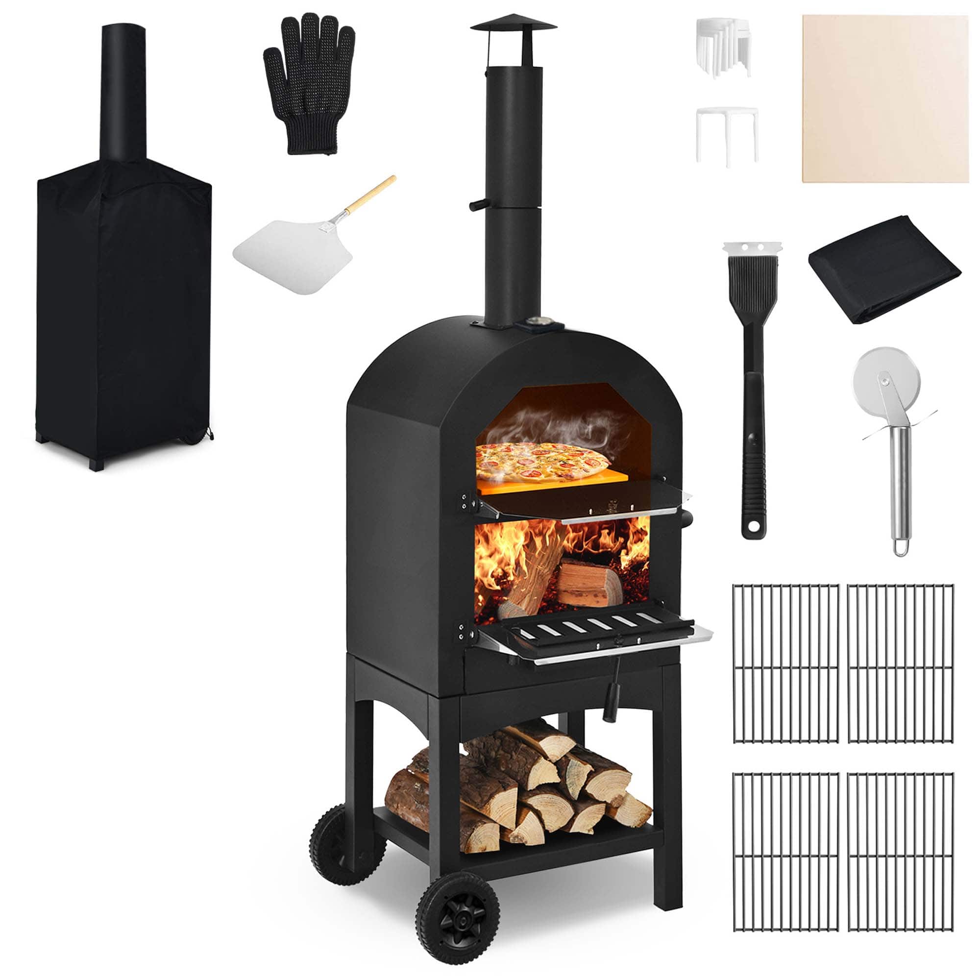 Front. Costway - Outdoor Pizza Oven Wood Fire Pizza Maker Grill w/ Pizza Stone & Waterproof Cover - Black.