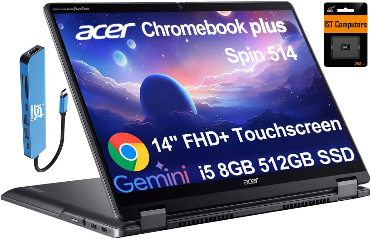 Acer - Chromebook Plus Spin 514 2-in-1 FHD+ Touchscreen Laptop - Intel Core i5 - 8GB RAM - 512GB SSD - Google AI - Chrome OS - 256GB IST SD Card - Gray