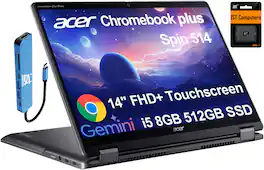 Acer - Chromebook Plus Spin 514 2-in-1 FHD+ Touchscreen Laptop - Intel Core i5 - 8GB RAM - 512GB SSD - Google AI - Chrome OS - 256GB IST SD Card - Gray