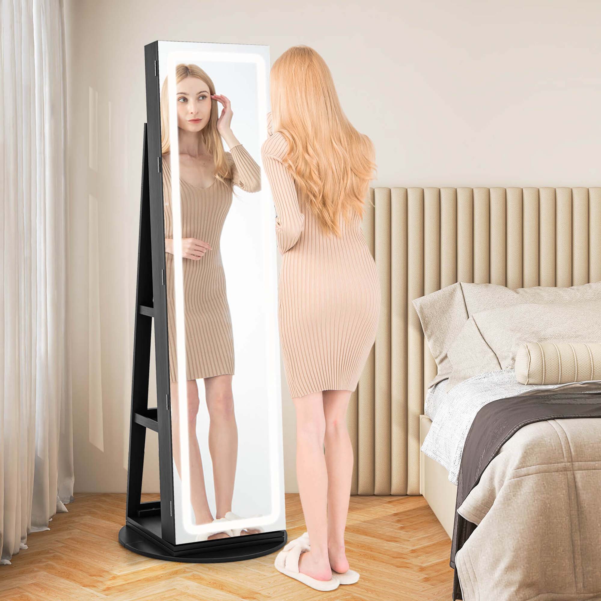 Alt View 11. Costway - 360° Swivel Jewelry Cabinet Organizer 3-Color LED Mirror with Built-in Lights Black - Black.