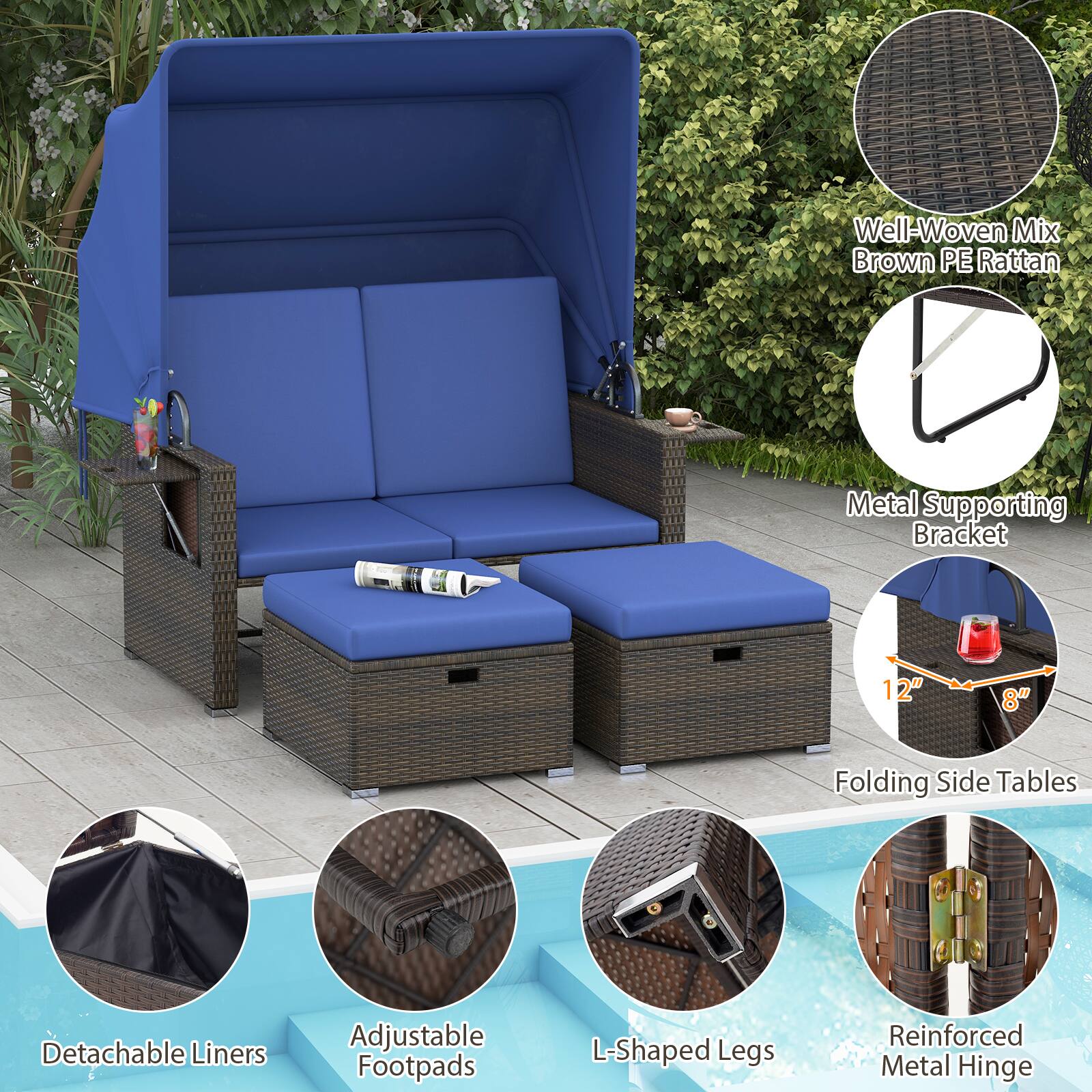 - Well-Woven Mix Brown PE Rattan
- Metal Supporting Bracket
- Folding Side Tables (12" x 8")
- Detachable Liners
- Adjustable Footpads
- L-Shaped Legs
- Reinforced Metal Hinge