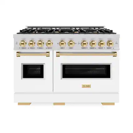 Front. ZLINE - 48 in. Wide 8 Burner Autograph Classic Double Oven Dual Fuel Freestanding Range with White and Gold Accents - White.