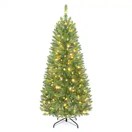 Costway - 5 FT Pre-Lit Pencil Christmas Tree Hinged with 150 LED Lights - Green