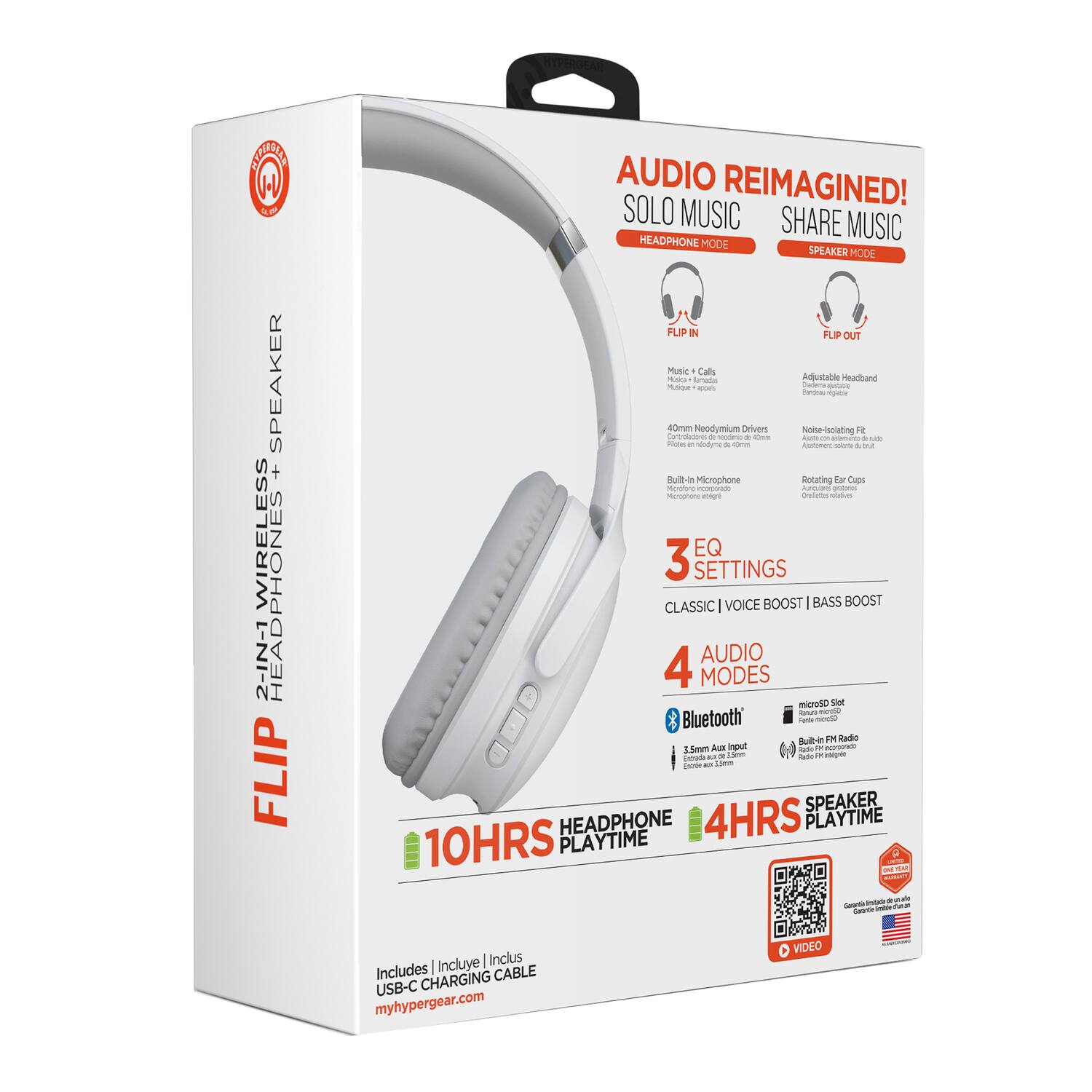 Sure, here is the corrected and grouped text from the image:

---

**SEARCOA NV**

**2-IN-1 WIRELESS HEADPHONES + SPEAKER**

**FLIP AUDIO REIMAGINED!**

**SOLO MUSIC**  
**SHARE MUSIC**

**HEADPHONE MODE**  
**SPEAKER MODE**

**FLIP IN**  
**FLIP OUT**

**Music + Calls**  
**Adjustable Headband**

**40mm Neodymium Drivers**  
**Noise-Isolating Fit**

**Built-in Microphone**  
**Rotating Ear Cups**

**3 EQ SETTINGS**  
**CLASSIC | VOICE BOOST | BASS BOOST**

**4 AUDIO MODES**  
**Bluetooth**  
**microSD Slot**  
**3.5mm Aux Input**  
**Built-in FM Radio**

**HEADPHONE PLAYTIME**  
**4HRS**

**SPEAKER PLAYTIME**  
**10HRS**

**Includes**  
**USB-C CHARGING CABLE**

**myhypergear.com**

**VIDEO**

---

**Features:**

- **Music + Calls**  
- **Adjustable Headband**  
- **40mm Neodymium Drivers**  
- **Noise-Is