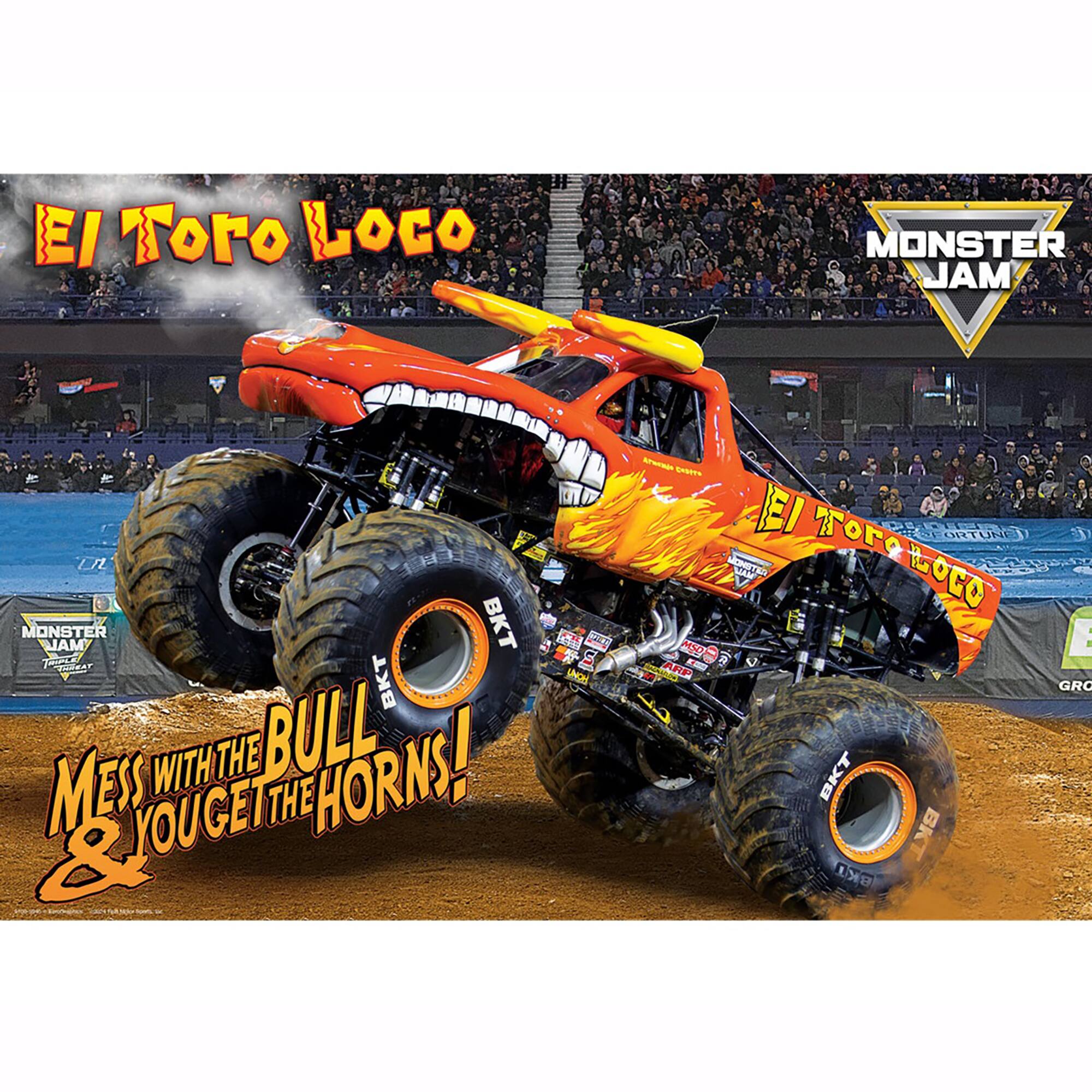 EI LOGO MONSTER MAL - SSL Ln MONSTER MAL BKT PRET O 2 S i UNDe AP BKT CU WITH THE BULL HORNS! 2JOUGEI MESS THE EI por ORTUND e LOCO E GRC BKT BKT O

Corrected text:
El Toro Loco
Monster Jam
Mess with the bull & you get the horns!