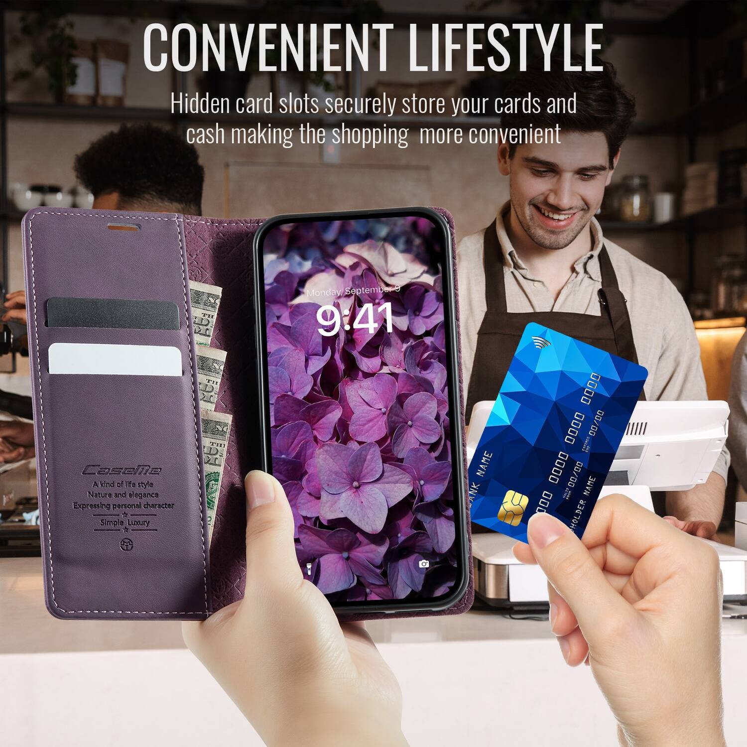 CONVENIENT LIFESTYLE  
Hidden card slots securely store your cards and cash making the shopping more convenient  

Casalile  
A kind of life style  
Nature and elegance  
Expressing personal character  
Simple Luxury  

NAME: ANK  
0000 00/00 00/0000  
I 00 0000 00/00  

NAME: 000  
HOLDER