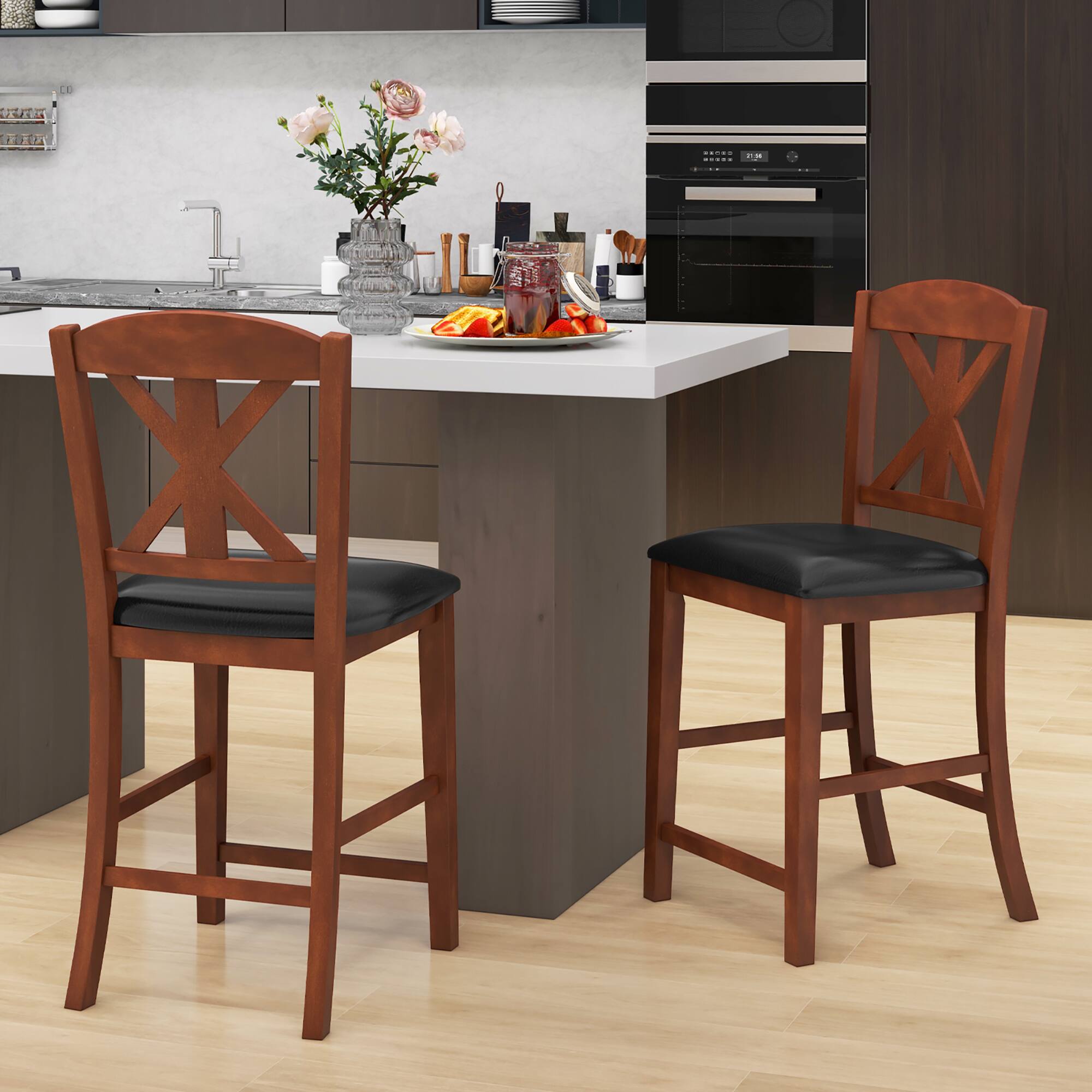 Alt View 1. Gymax - Gymax 24'' Modern Bar Stools Set of 2 w/ Hollowed High Backrest Waterproof Pu Leather - Brown, Black.