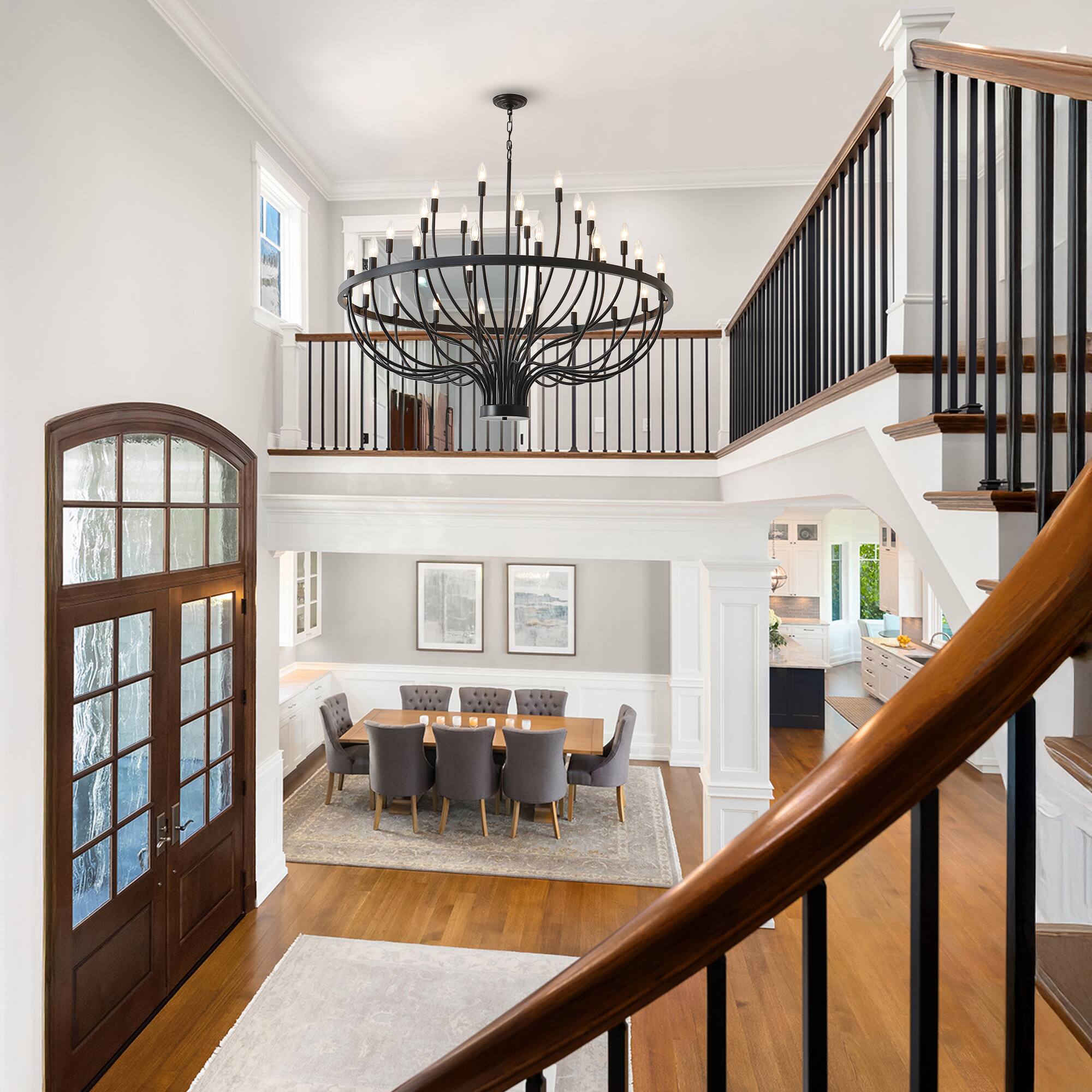 Back. RYHNUYNE - 47.2-Inch Farmhouse Foyer Chandelier Entryway High Ceiling 33-Light Candle Chandelier Light Fixtures for Hallway - Black.