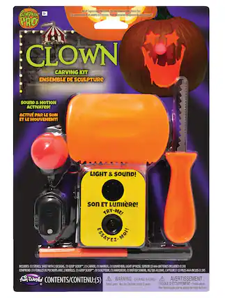 Adult Supervision Required. For Decoration Only, Not A Toy.
PUMPKIN PRO CLOWN CARVING KIT
ENSEMBLE DE SCULPTURE
SOUND & MOTION ACTIVATED!
ACTIVE PAR LE SON ET LE MOUVEMENT!
LIGHT & SOUND!
SON ET LUMIÈRE!
TRY-ME!
ESSAYEZ-MOI!
INCLUDES:
(1) STENCIL SHEET WITH 2 DESIGNS
(1) GOOP SCOOP
(1) CARVER
(1) MARKER
(1) SOUND BOX
LIGHT UP NOSE, SENSOR
NEZ ALLUMÉ, CAPTEUR
AAA BATTERIES INCLUDED (1.5V)
COMPREND:
(1) FEUILLES DE POCHOIRS AVEC 2 MODÈLES
(1) GOOP SCOOP
(1) SCULPTEUR
(1) MARQUEUR
(1) BOITIER SONORE
NEZ ALLUMÉ, CAPTEUR
PILLES AAA INCLUS (1.5V)
WARNING: CHOKING HAZARD - Small parts. Not for Children under 3 years.