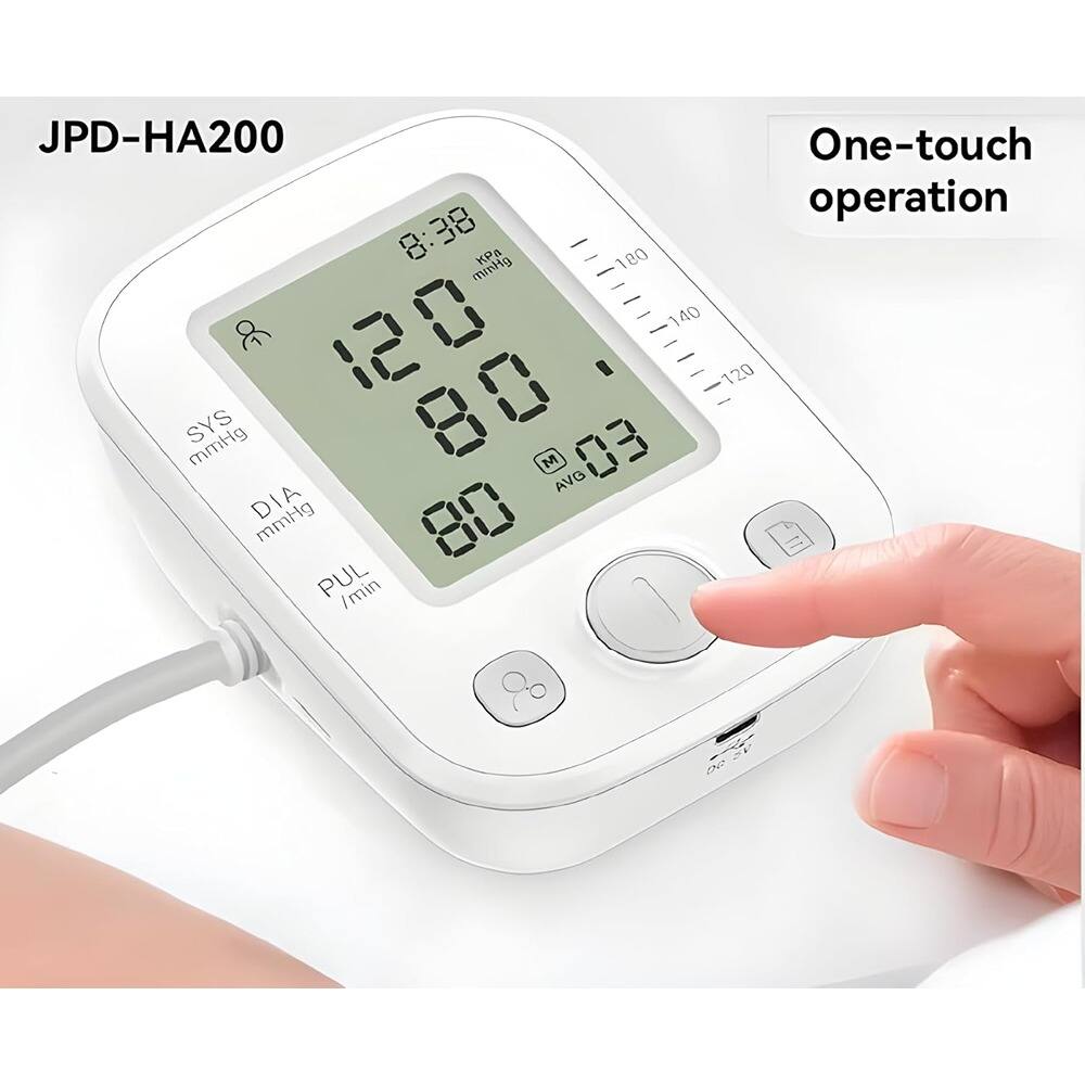 JPD-HA200  
One-touch operation  
8:38  
120 SYS mmHg  
80 DIA mmHg  
80 PUL /min  
AVG 03