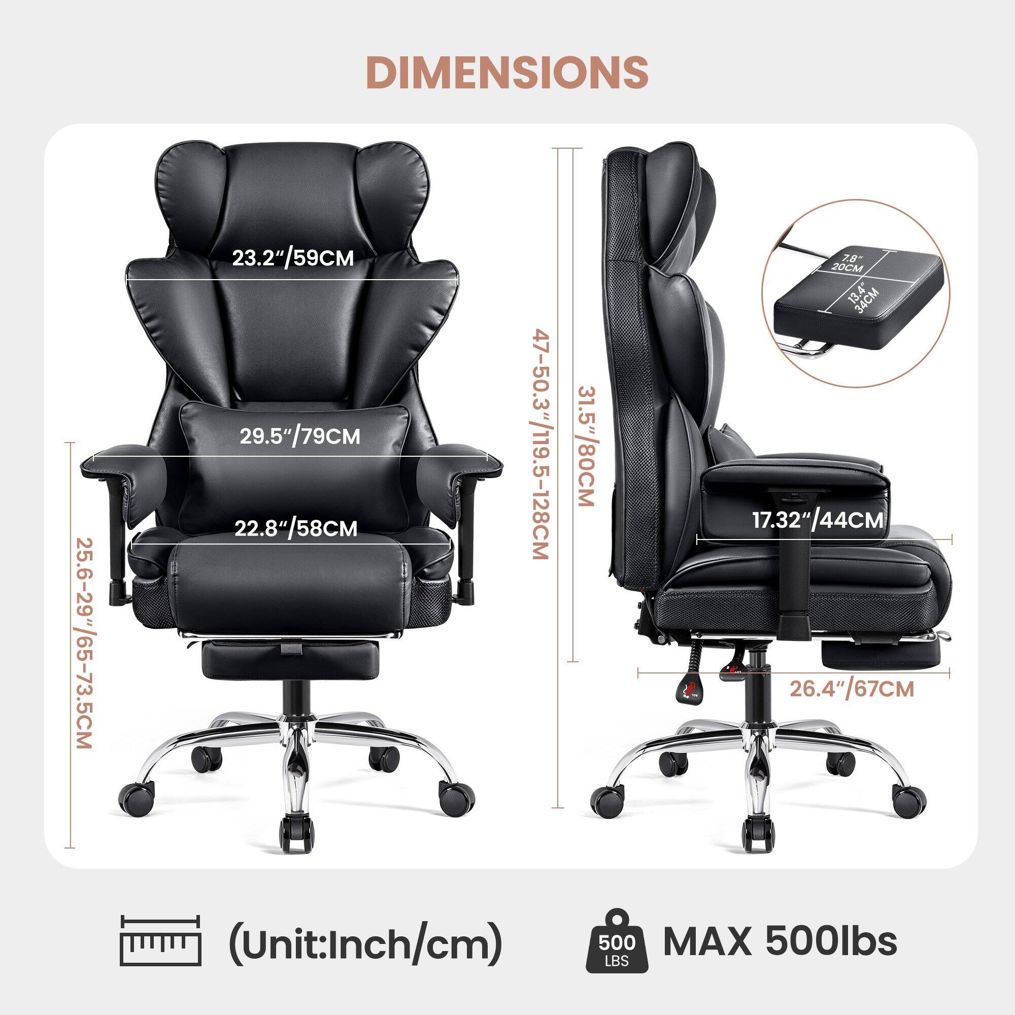 DIMENSIONS 25.6-29"/65-73.5CM 23.2"/59CM 29.5"/79CM 22.8"/58CM 47-50.3"/119.5-128CM 31.5"/80CM 78 20CM 13.4" 5e 34CM 17.32"/44CM 26.4" 6.4"/67CM (Unit:Inch/cm) 500 MAX 500lbs LBS