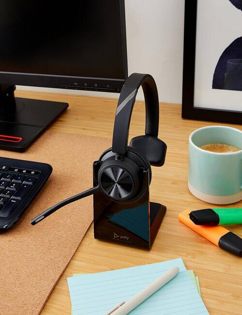 Left. HP - HP Poly Voyager 4310 UC Wireless Monoaural Headset with Charging Stand and USB-A Adapter, Zoom Certified - Black.