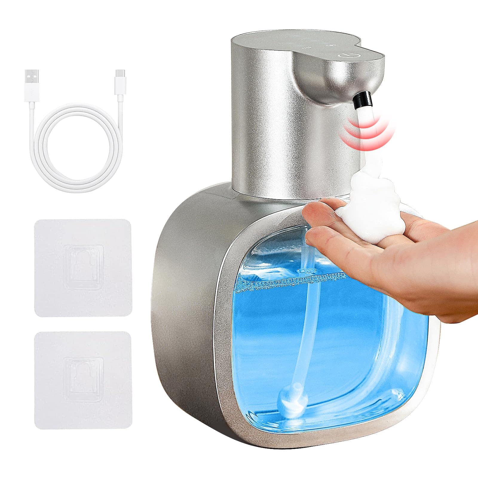 Dapper Styles - Automatic Liquid Soap Dispenser Touchless Rechargeable With 4 level Adjustable Ipx5 Waterproof Level Displa - Silver-Foam
