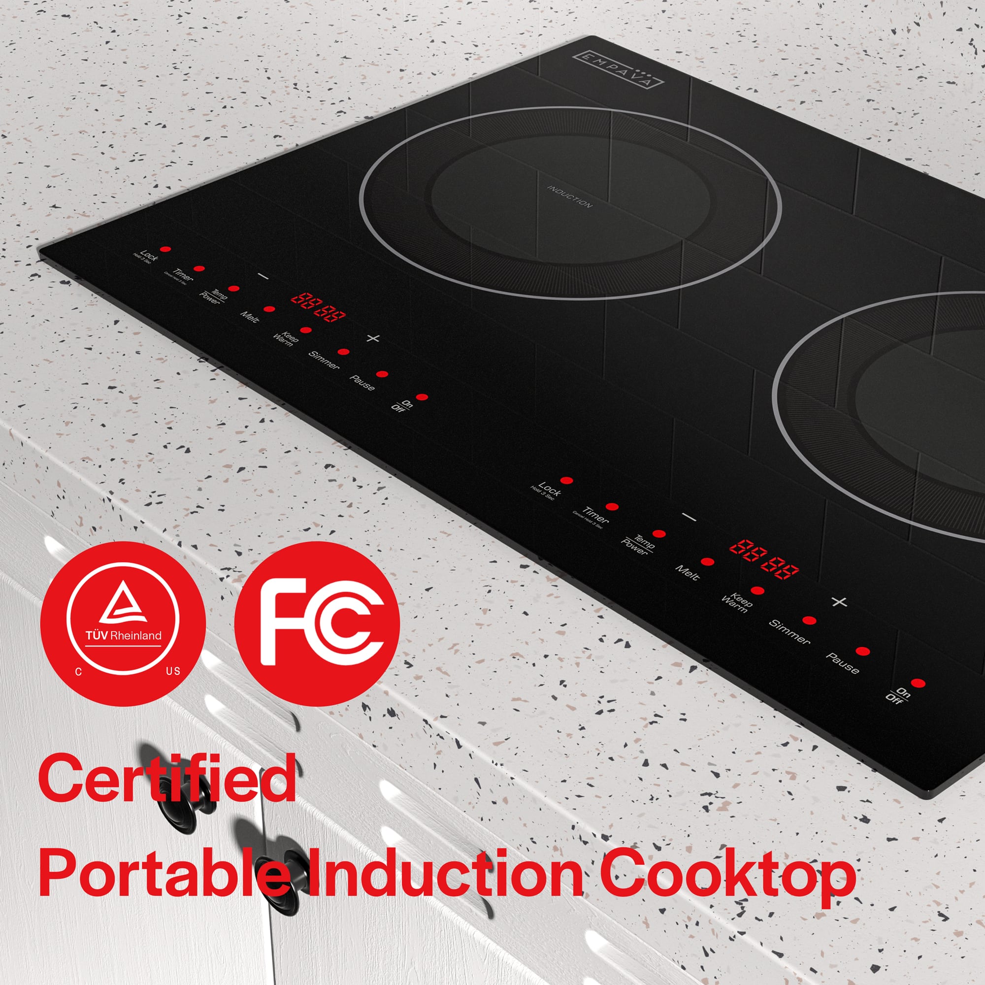The text on the image reads: "NEAVA INDUCTION cooktop - Leok Seer - 8888 88 68 NC - -o Fe TUV Hhoinland C US FC Lock Timer AAed g Meit 88 88 ACMINO Simmer Pauve CHY on Certified Portable Induction Cooktop."