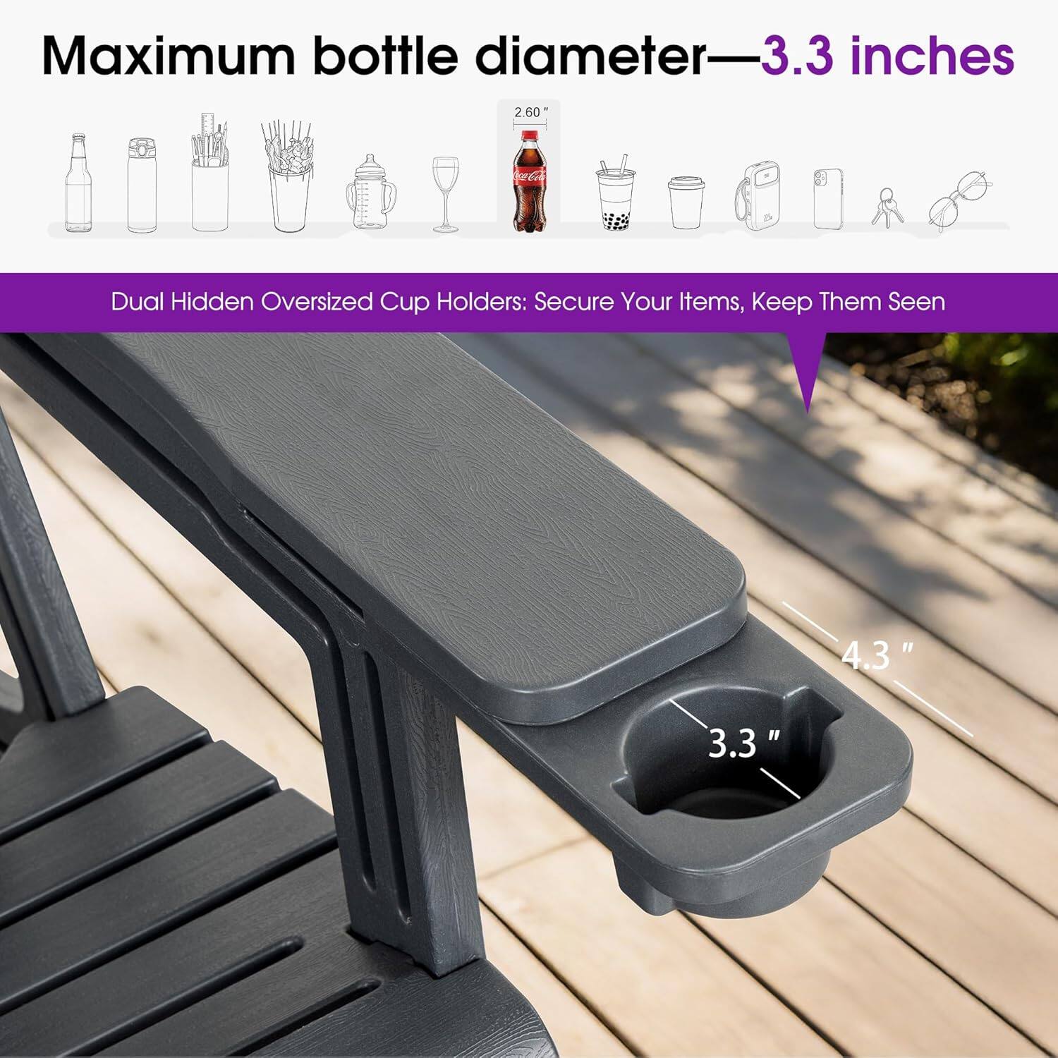 Maximum bottle diameter—3.3 inches

Dual Hidden Oversized Cup Holders: Secure Your Items, Keep Them Seen