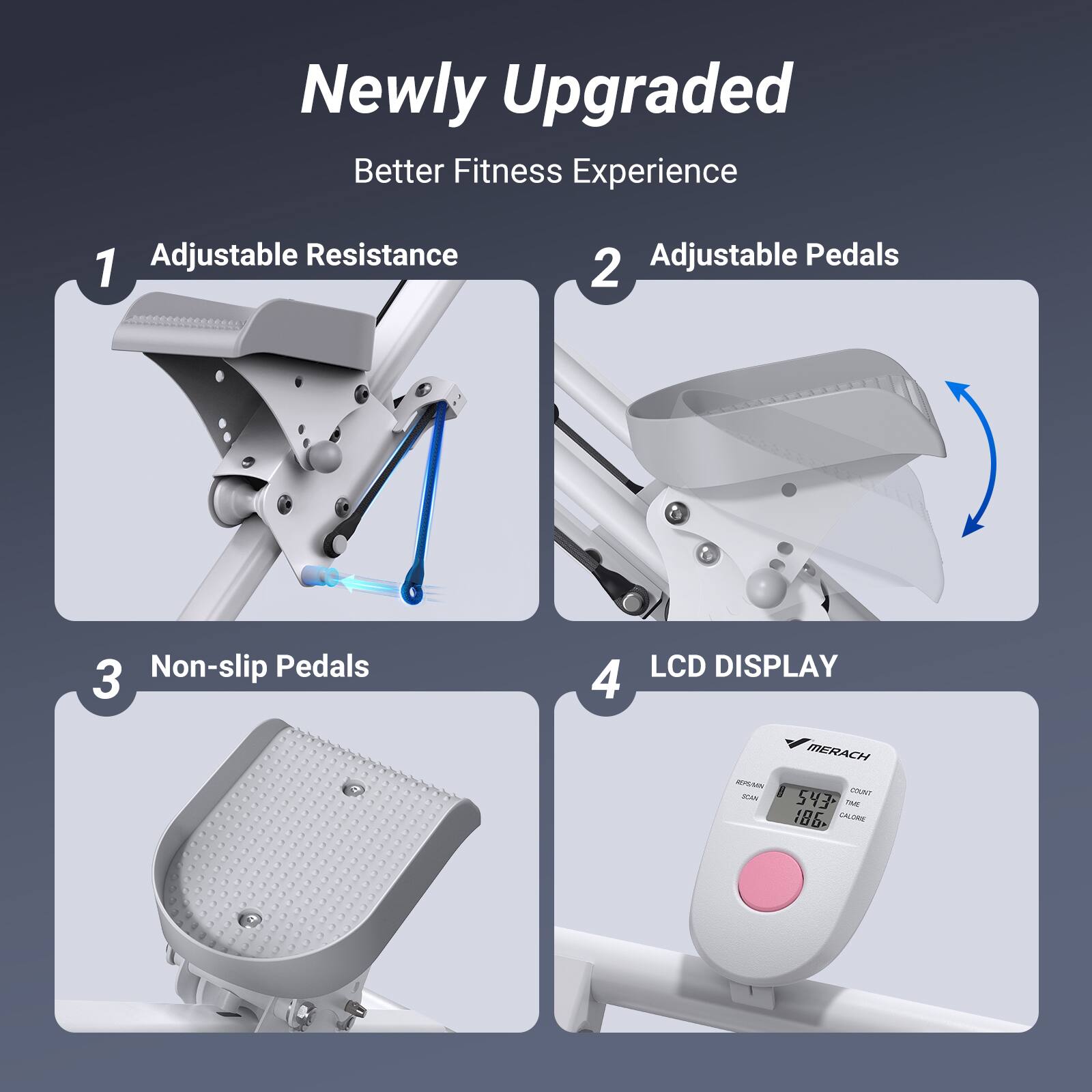 Newly Upgraded  
Better Fitness Experience  

1. Adjustable Resistance  
2. Adjustable Pedals  
3. Non-slip Pedals  
4. LCD DISPLAY  

MERACH  
543  
186  
1:86