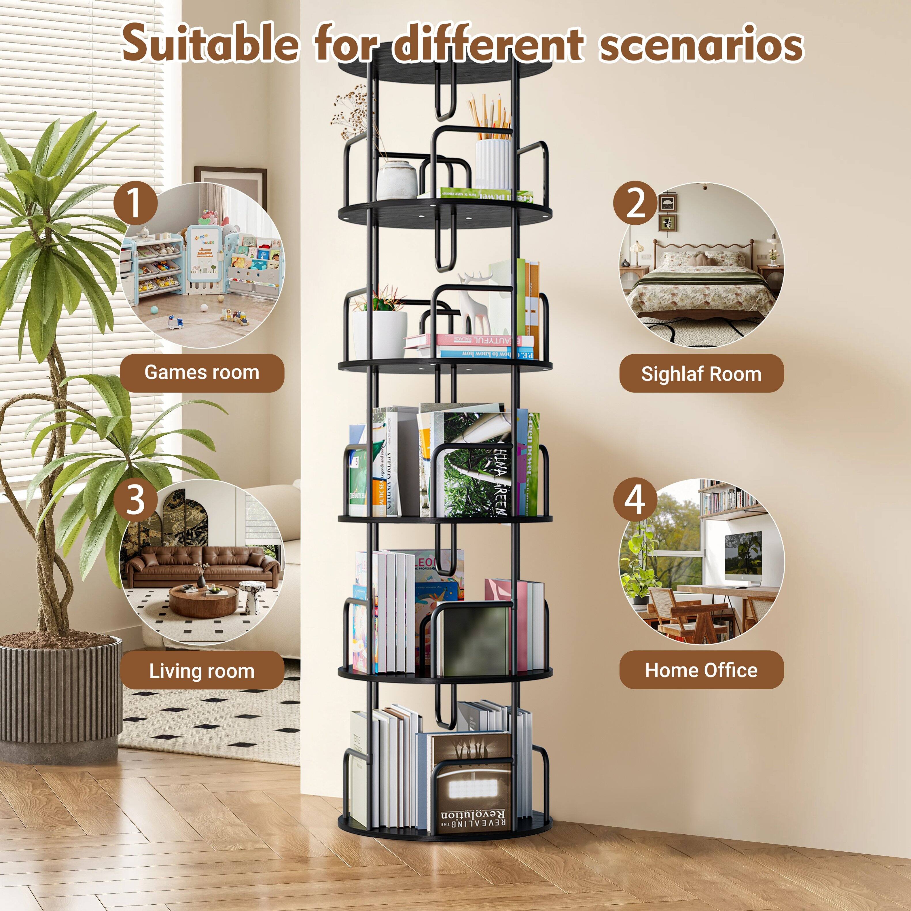Z Edge 5 Tier Rotating Bookshelf, 360° Spinning Bookcase, Freestanding ...