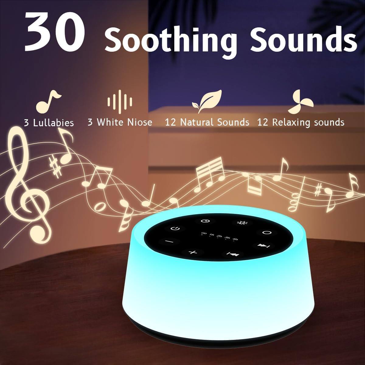 30 Soothing Sounds  
3 Lullabies  
3 White Noise  
12 Natural Sounds  
12 Relaxing Sounds