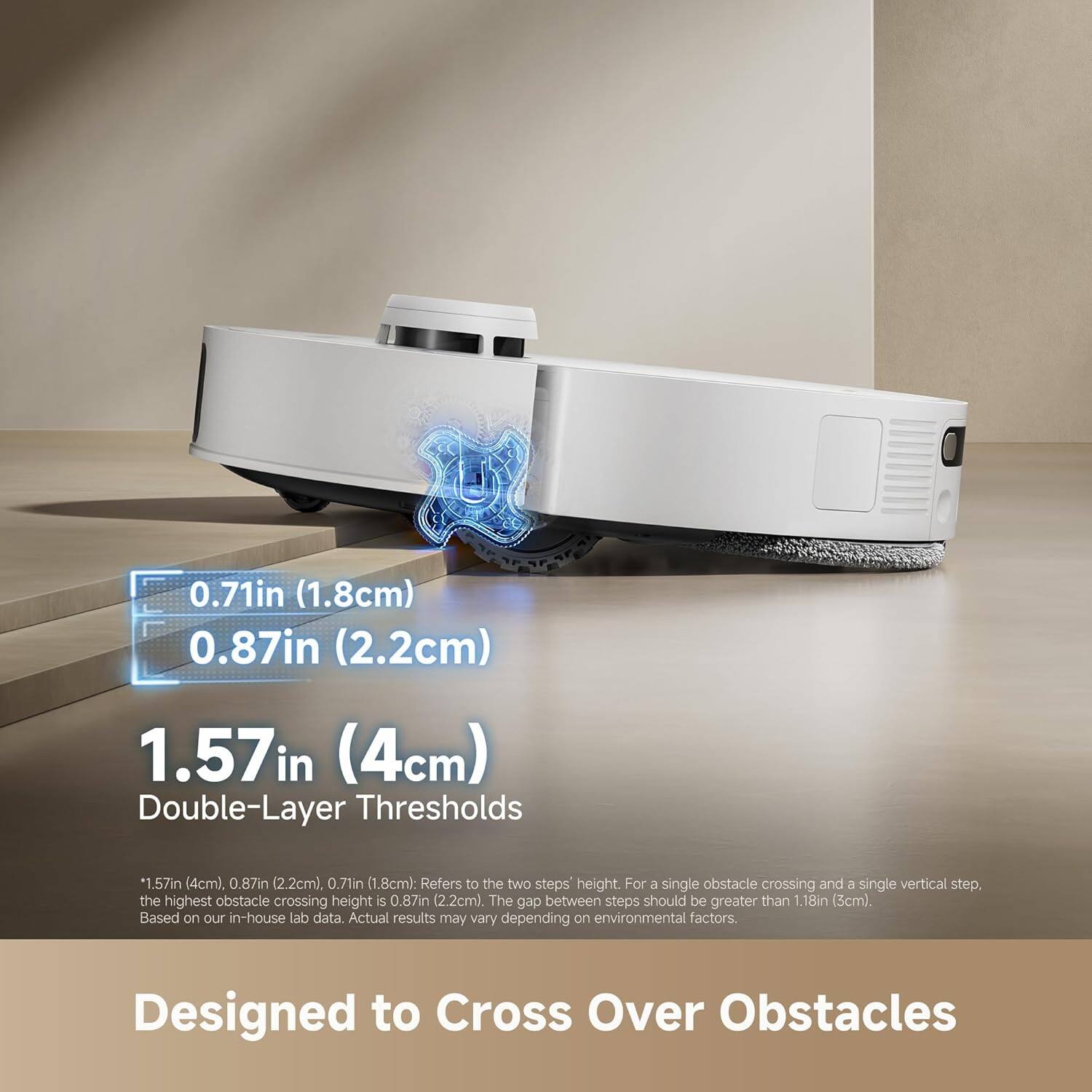 0.71in (1.8cm)  
0.87in (2.2cm)  
1.57in (4cm)  

Double-Layer Thresholds  
*1.57in (4cm), 0.87in (2.2cm), 0.71in (1.8cm): Refers to the two steps' height. For a single obstacle crossing and a single vertical step, the highest obstacle crossing height is 0.87in (2.2cm). The gap between steps should be greater than 1.18in (3cm). Based on our in-house lab data. Actual results may vary depending on environmental factors.  

Designed to Cross Over Obstacles