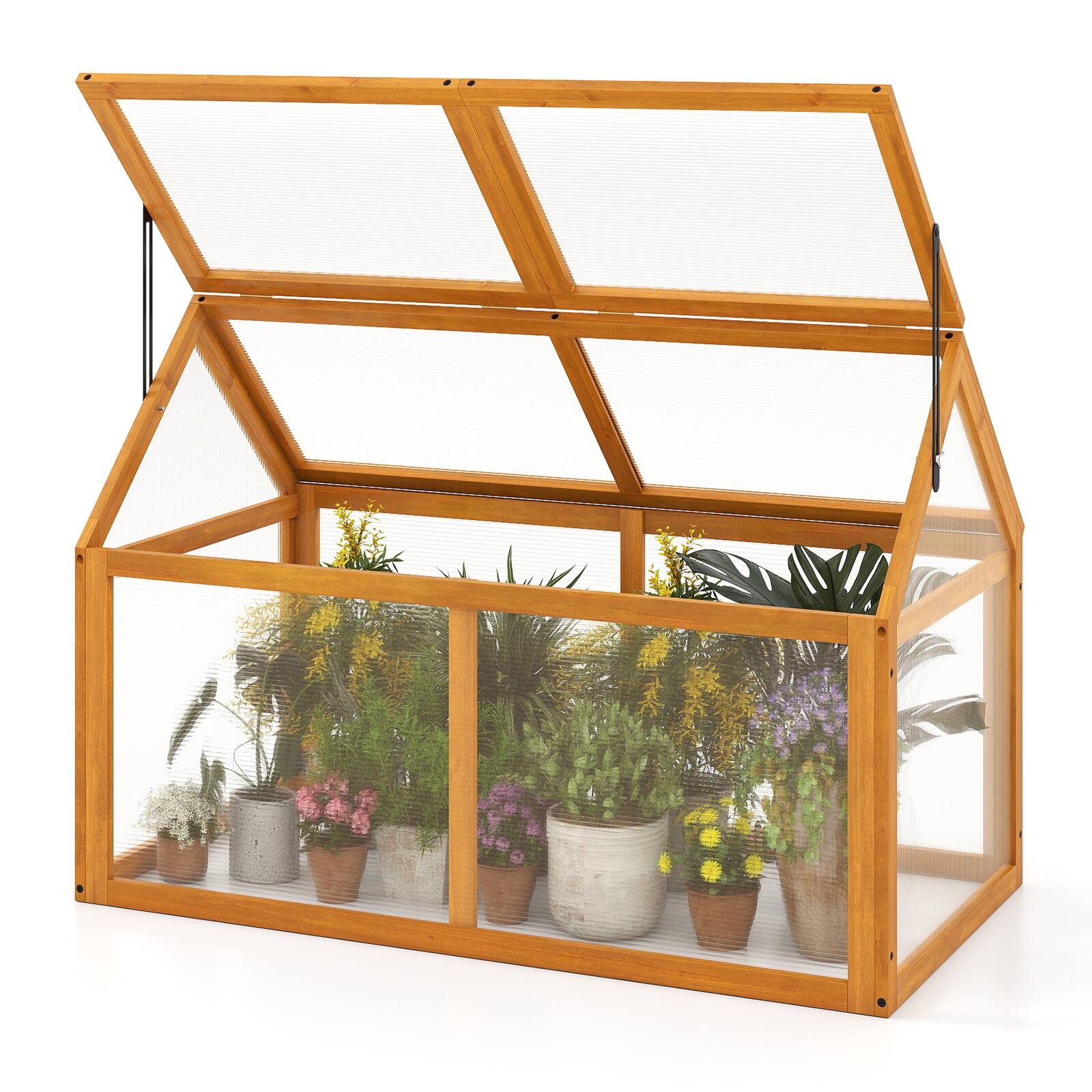 Costway - Wood Cold Frame Greenhouse with Transparent Panels Adjustable Roof, Indoor Outdoor - Orange