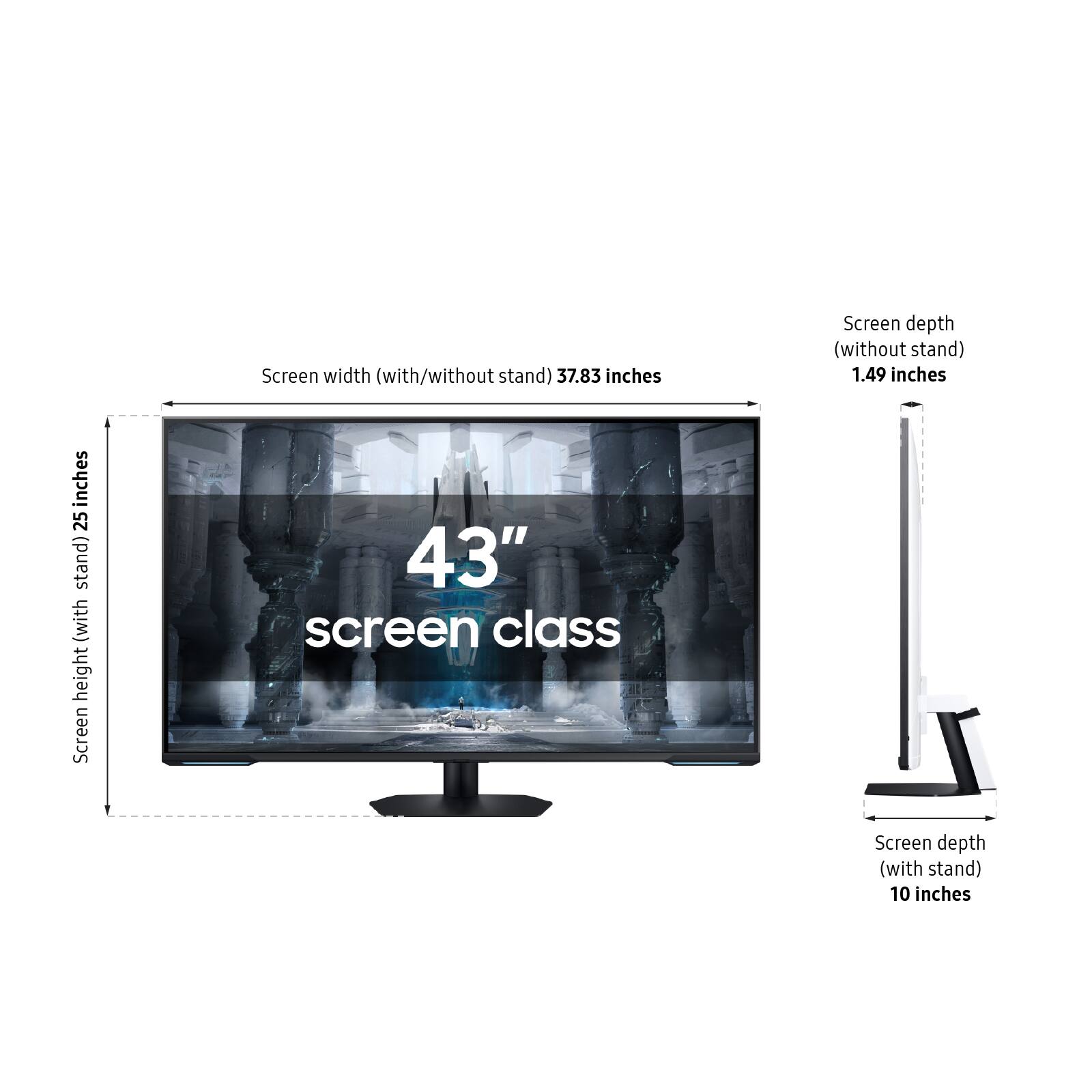 - Screen width (with/without stand): 37.83 inches
- Screen height (with stand): 25.11 inches
- Screen depth (without stand): 1.49 inches
- Screen depth (with stand): 10 inches