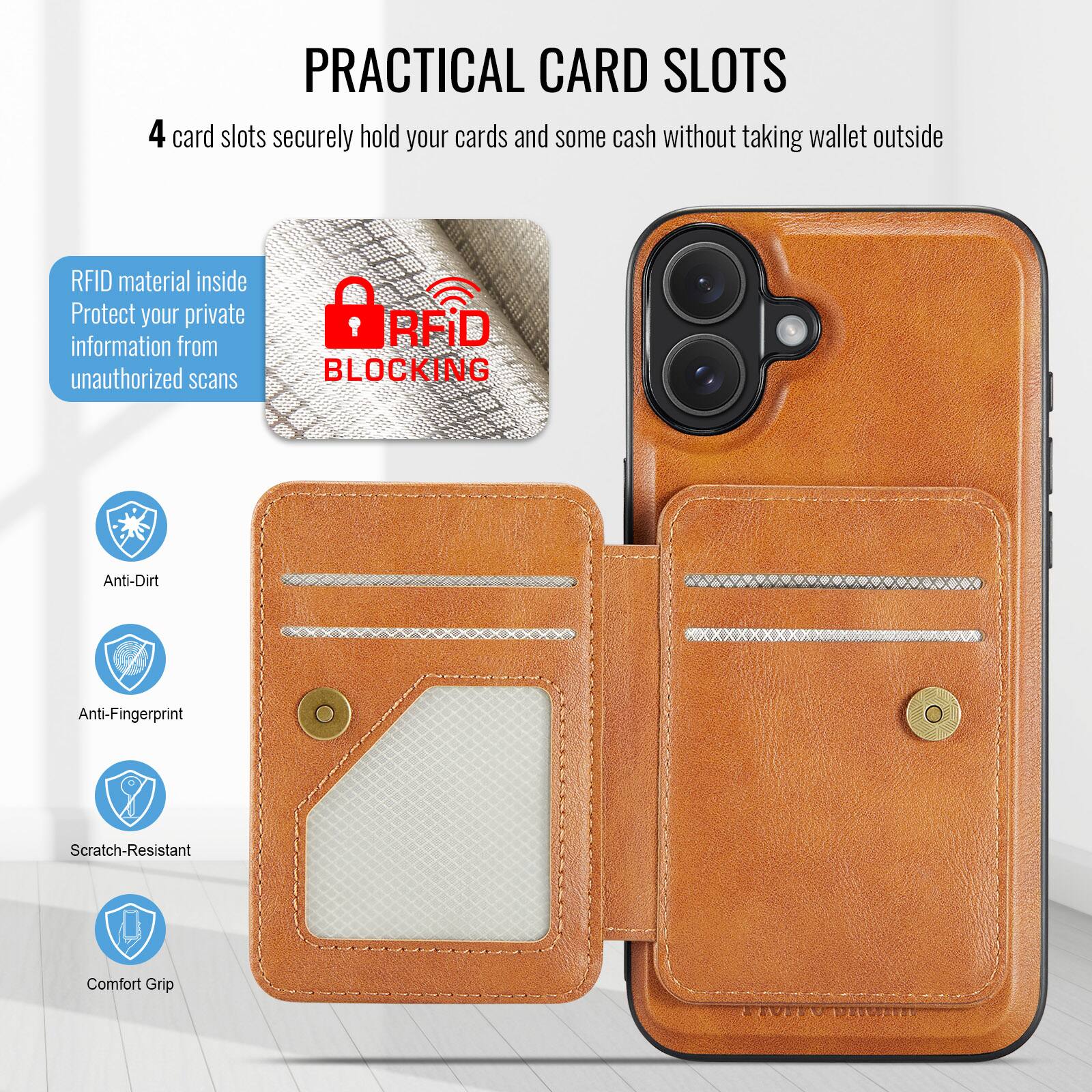 PRACTICAL CARD SLOTS

4 card slots securely hold your cards and some cash without taking wallet outside

RFID material inside
Protect your private information from unauthorized scans

RFID BLOCKING

Anti-Dirt
Anti-Fingerprint
Scratch-Resistant
Comfort Grip