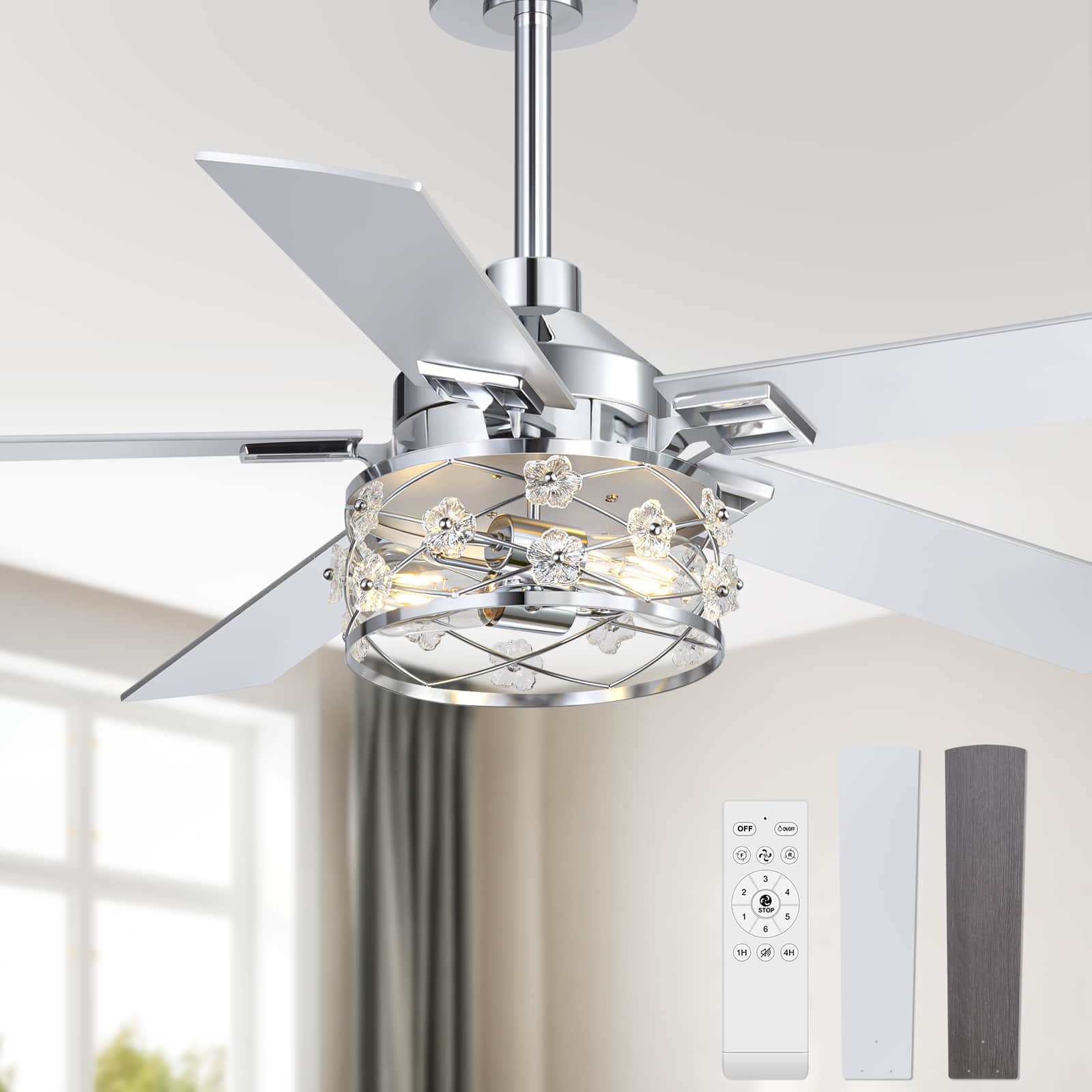Front. Breezary - 52-Inch Indoor Ceiling Fan with Light Kit, 5 Plywood Dual-Finish Blades, DC Motor, 5/10'' Downrods, Remote, Glass Shade - Chrome with Silver & Woodgrain Blades.