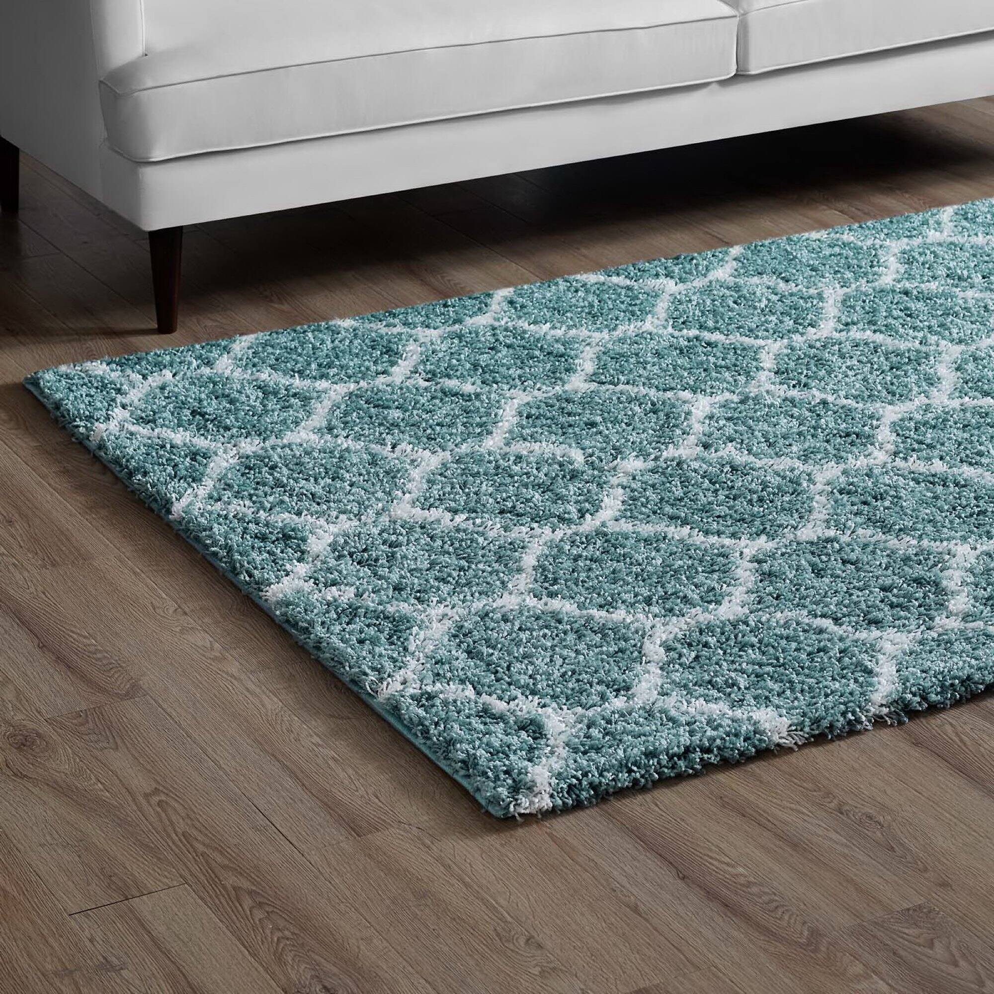 Back. Modway - Solvea Moroccan Trellis Shag Area Rug - Aqua Blue and Ivory.