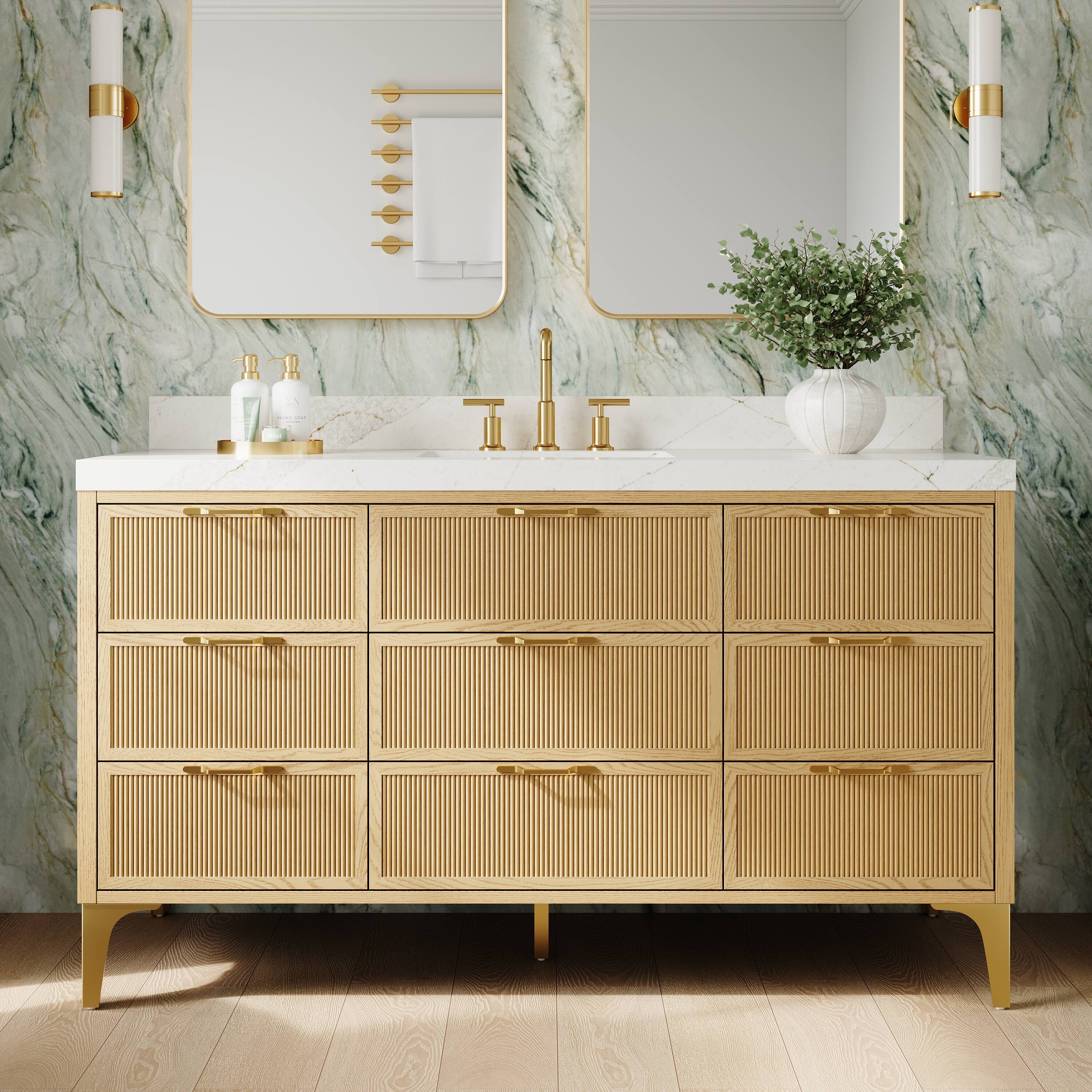 Front. WELLFOR - LYNOAK 60 in. Freestanding Solid Wood Bath Vanity with Quartz Top, Single Sink, Soft Close, Assembled - OAK.