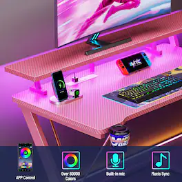 Furnulem - 55 In Gaming Desk with Monitor StandCPU StandPower OutletLED LightHome Office Desk with Cup HolderHeadphone Hook - Pink