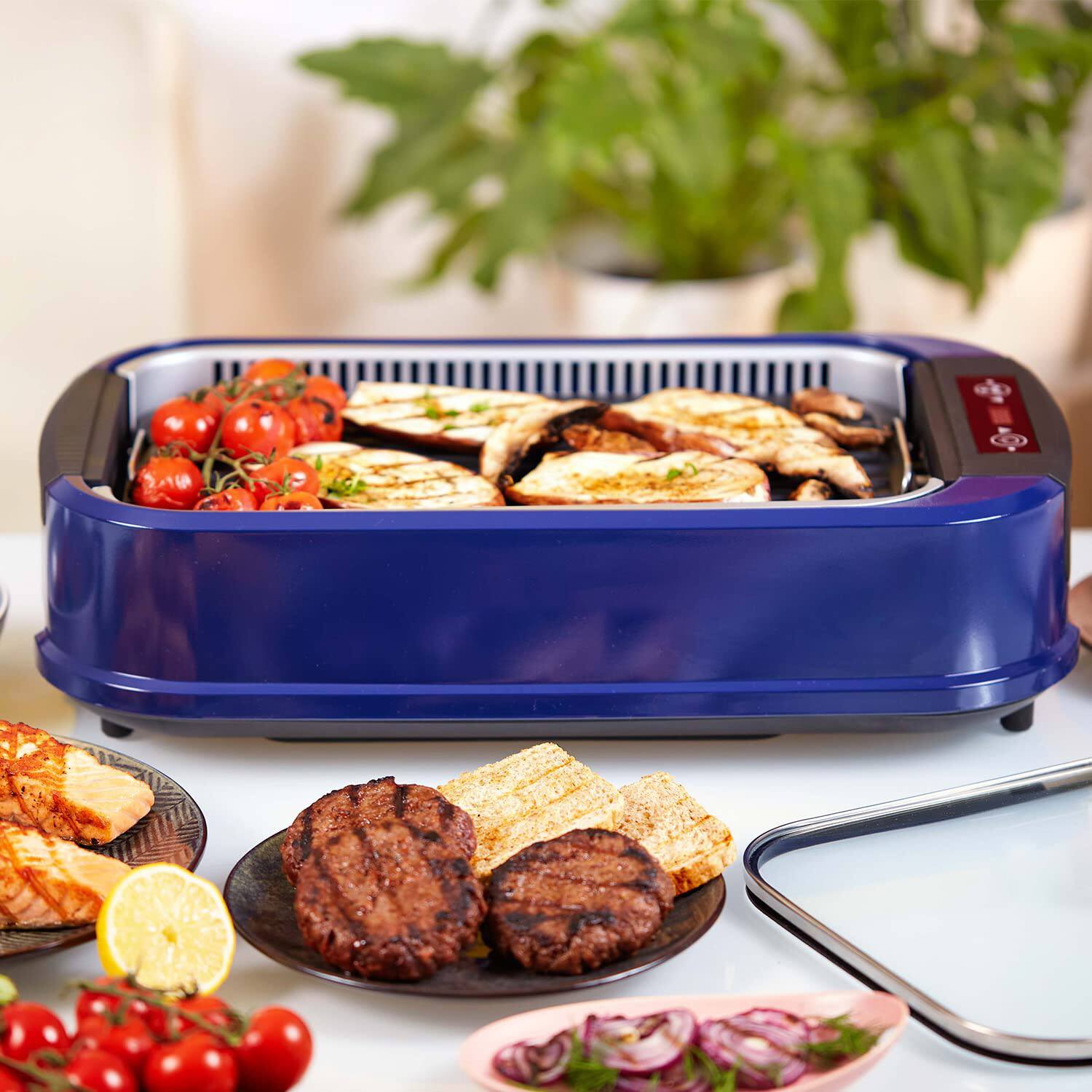 Angle. GlowWise - 1500W Smokeless Indoor Grill LED Smart Display, Tempered Glass Lid - Non-Stick Removable Plates for BBQ &Griddle Cooking - Blue.
