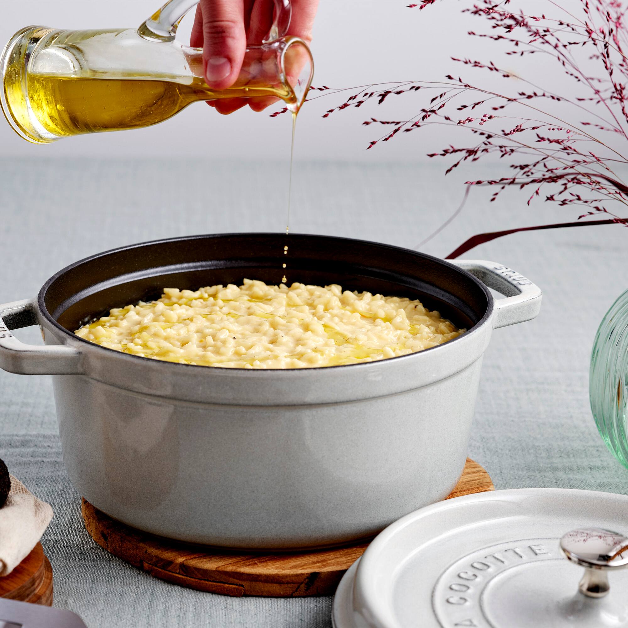 Alt View 4. Staub - Cast Iron Round Cocotte, Dutch Oven, 4-quart, serves 3-4, Made in France - White Truffle.