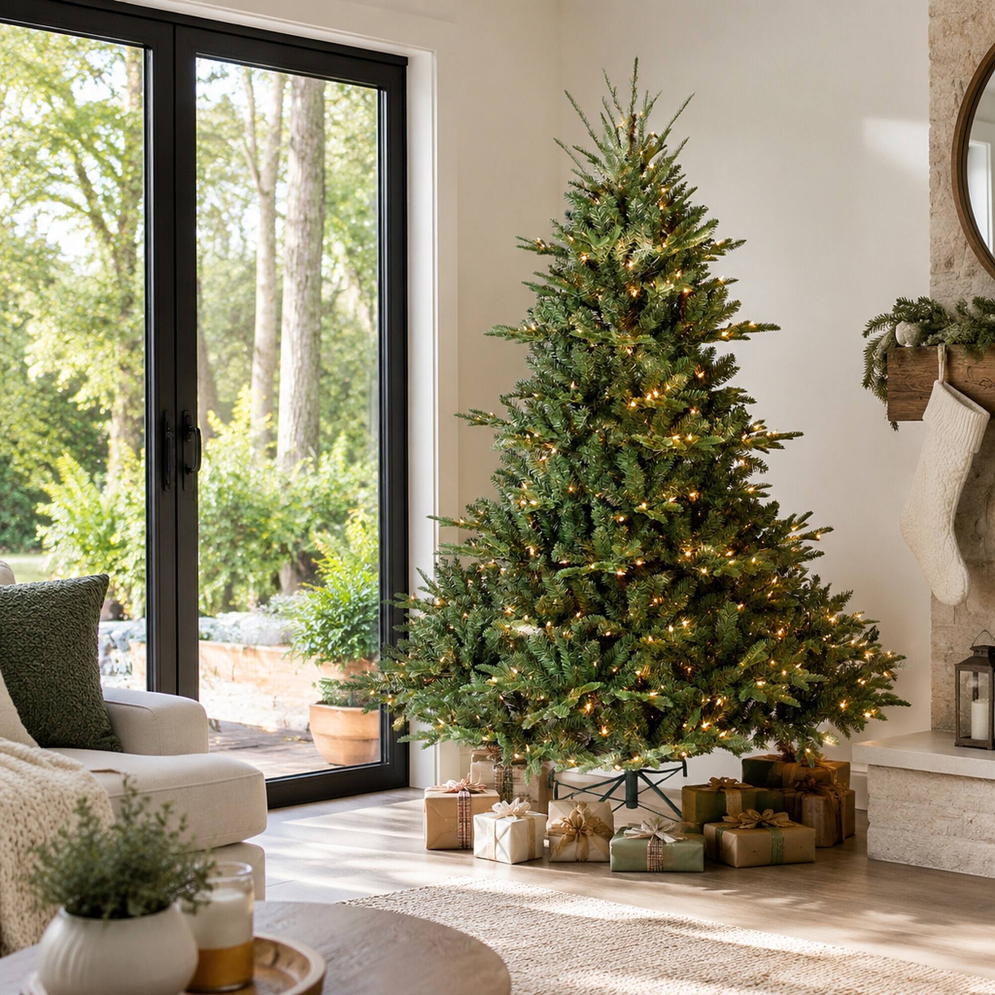 Back. RYHNUYNE - 7FT Full-Shape Pre-Lit Christmas Tree, 750 Lights 2257 Tips PE/PVC Mixed Branches Wide Base Stable Metal Stand - Green.