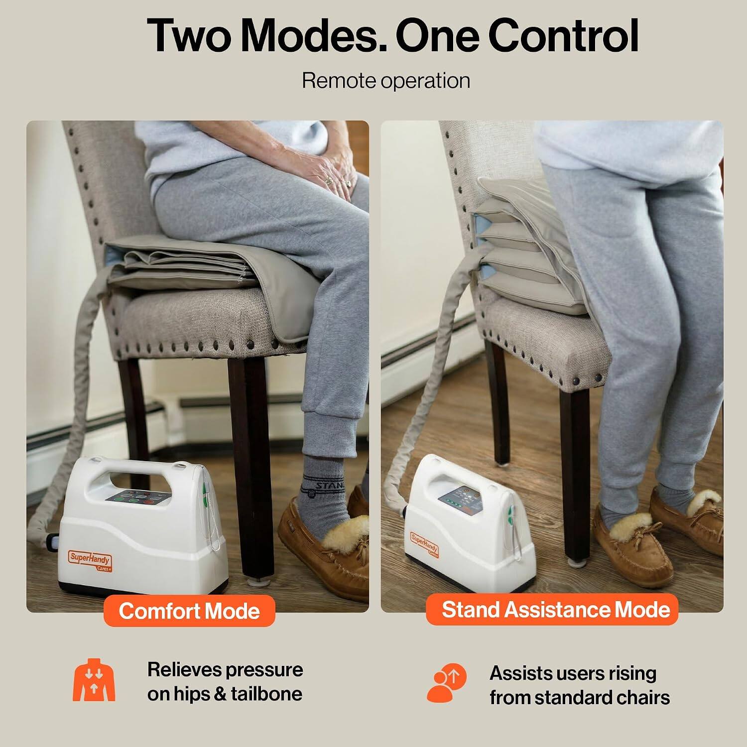 Two Modes. One Control  
Remote operation

STAN  
SuperHandy Camy+

Comfort Mode  
Relieves pressure on hips & tailbone

Stand Assistance Mode  
Assists users rising from standard chairs