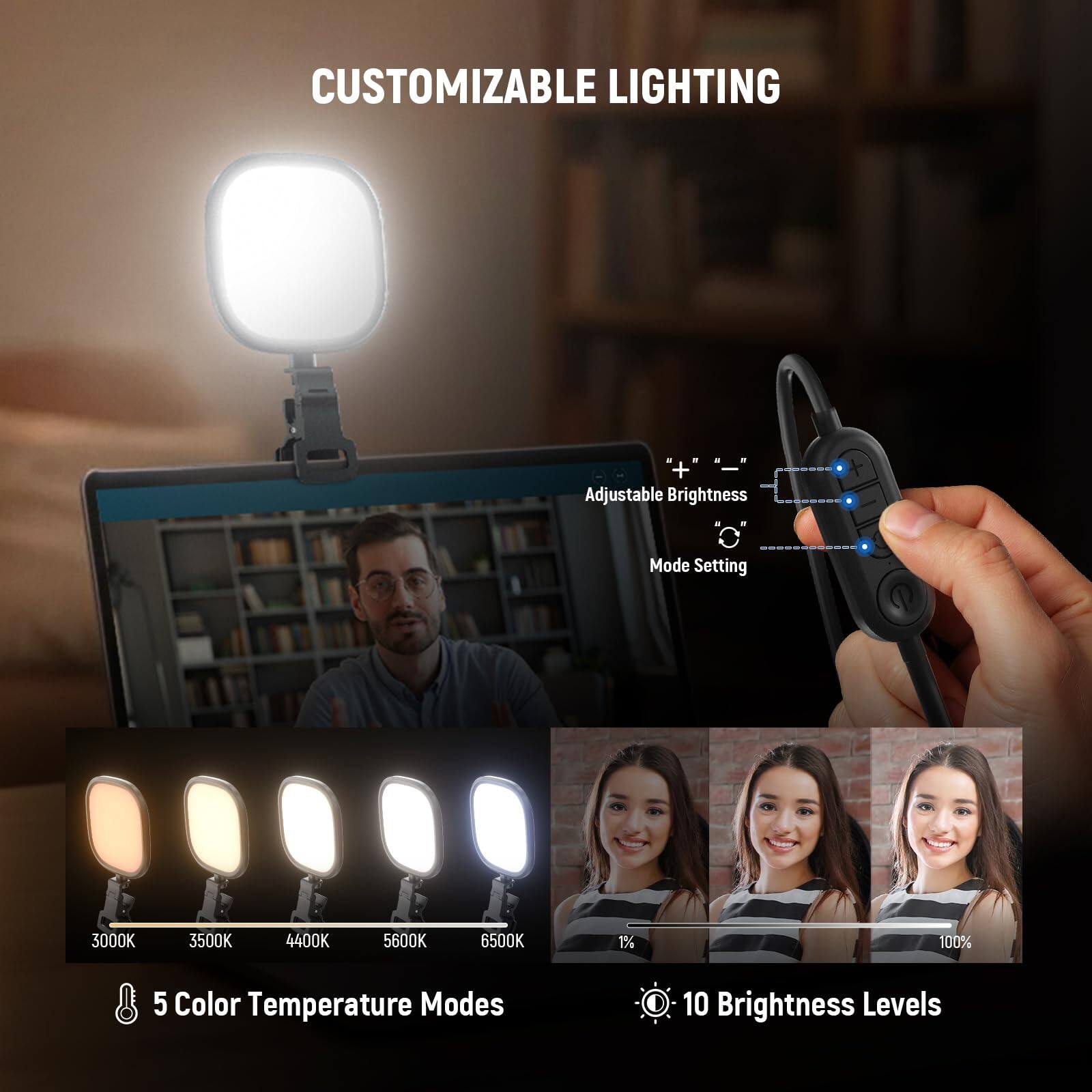CUSTOMIZABLE LIGHTING

Adjustable Brightness - + - Mode Setting

3000K 3500K 4400K 5600K 6500K

5 Color Temperature Modes

10 Brightness Levels