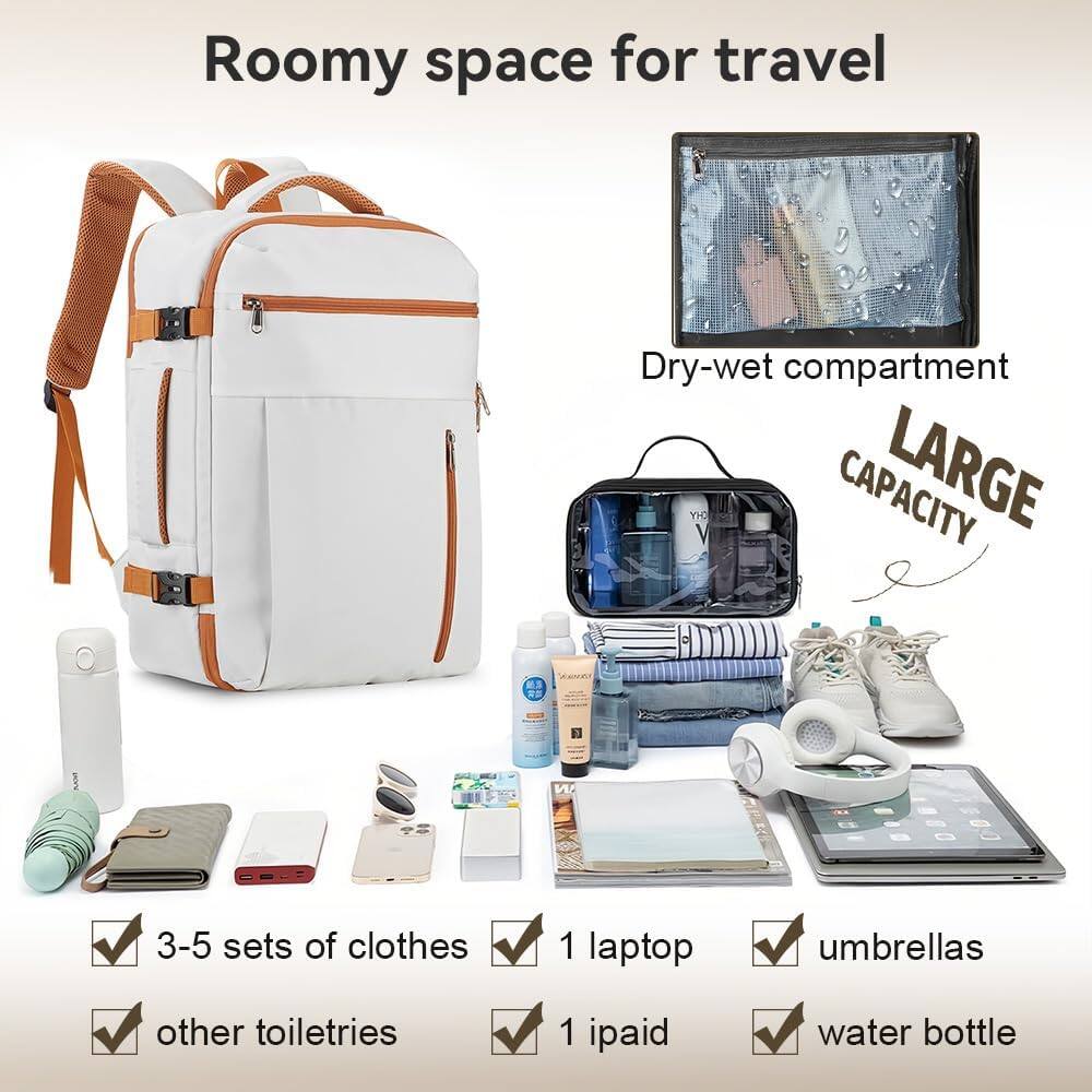 Roomy space for travel  
Dry-wet compartment  
LARGE CAPACITY  

3-5 sets of clothes  
1 laptop  
umbrellas  
other toiletries  
1 ipaid  
water bottle