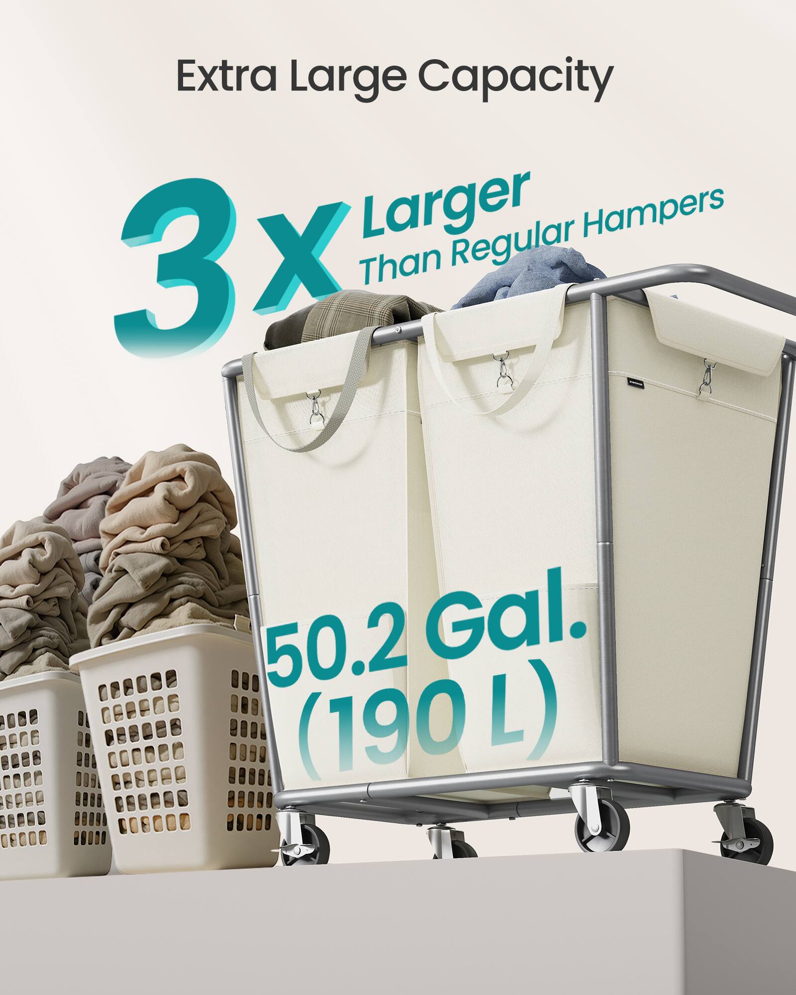 Extra Large Capacity  
3x Larger Than Regular Hampers  
50.2 Gal. (190 L)