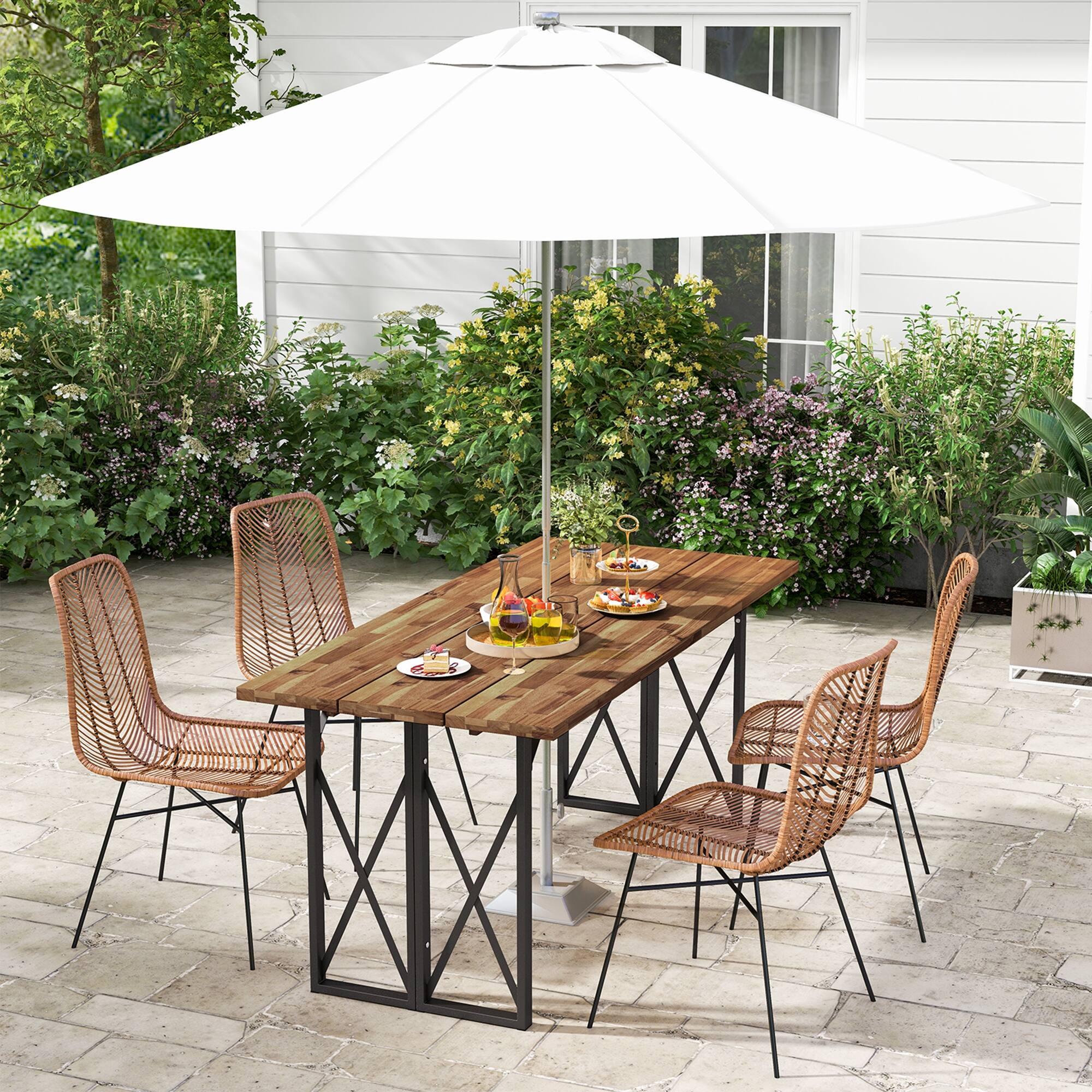 Alt View 1. Costway - Costway 67" Patio Rectangle Table Heavy-Duty Acacia Wood Dining Table with Umbrella Hole - Rustic Brown.