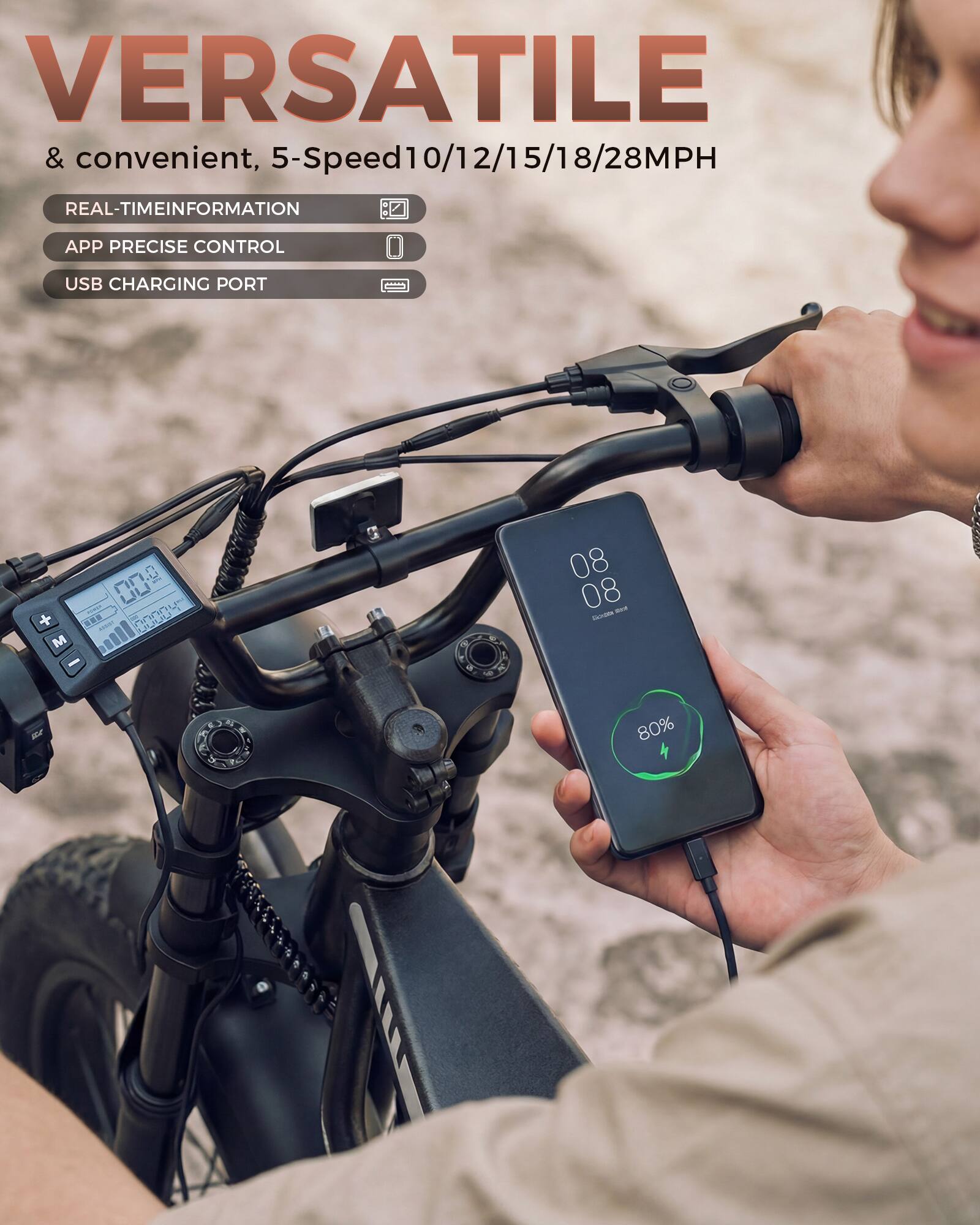 VERSATILE & convenient, 5-Speed 10/12/15/18/28MPH  
REAL-TIME INFORMATION  
APP PRECISE CONTROL  
USB CHARGING PORT  

M: UU  
K 08 08  
S a 80%