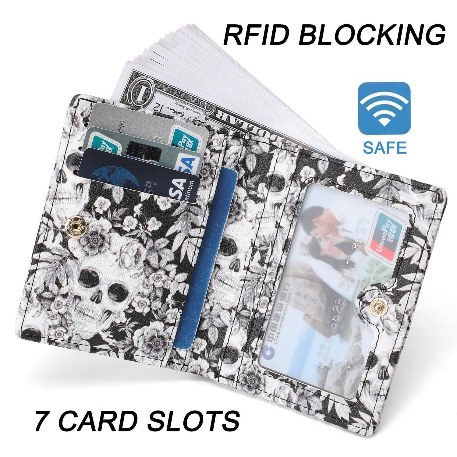 Back. Jadie Link - Small Women Wallet Rfid Blocking Bifold Pocket Slim Compact Ladies Purse Mini Wallets skull Material Soft smooth leather - Blue.