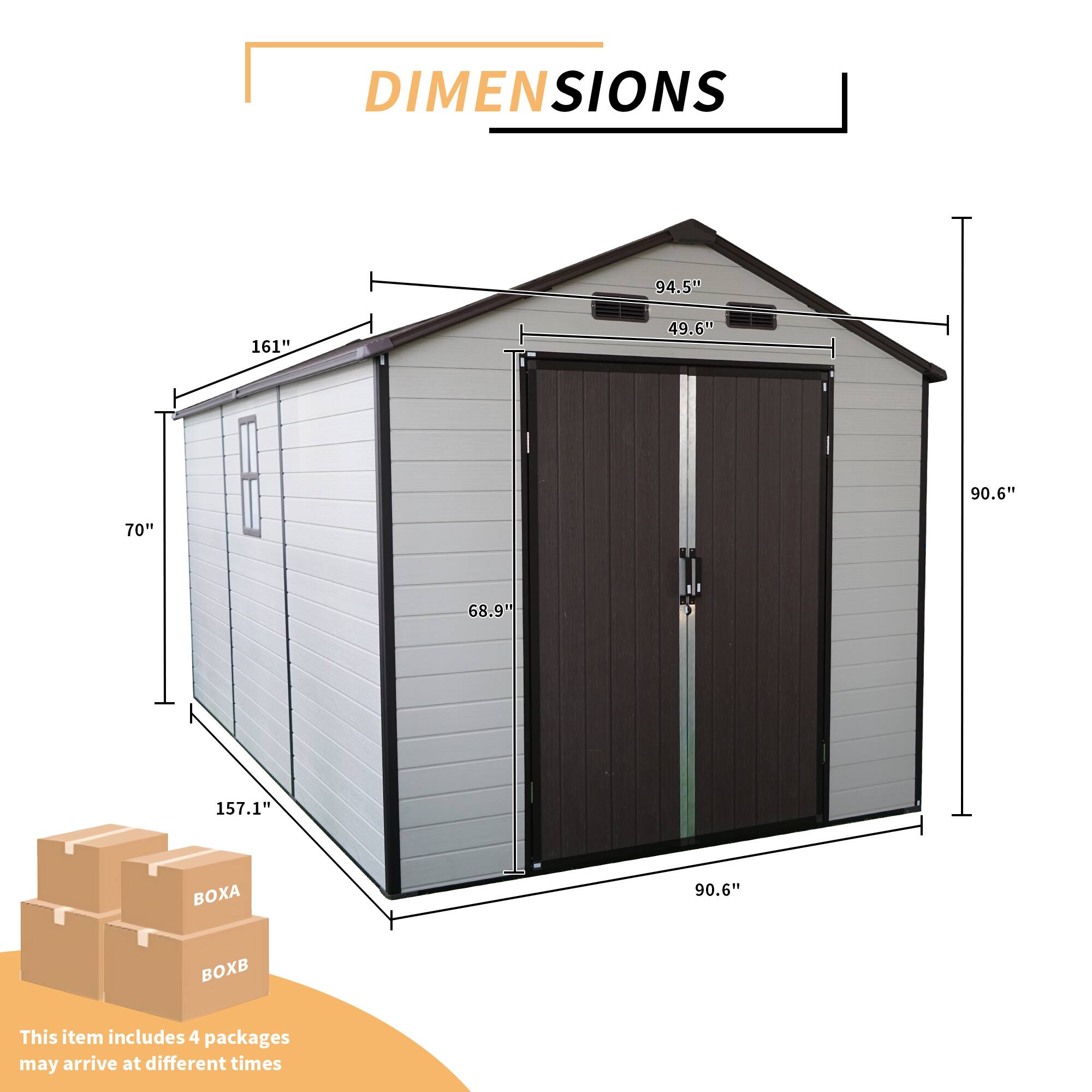 DIMENSIONS

94.5" 161" 49.6" 90.6" 70" 68.9" 157.1" OXA 90.6" BOXB

This item includes 4 packages may arrive at different times