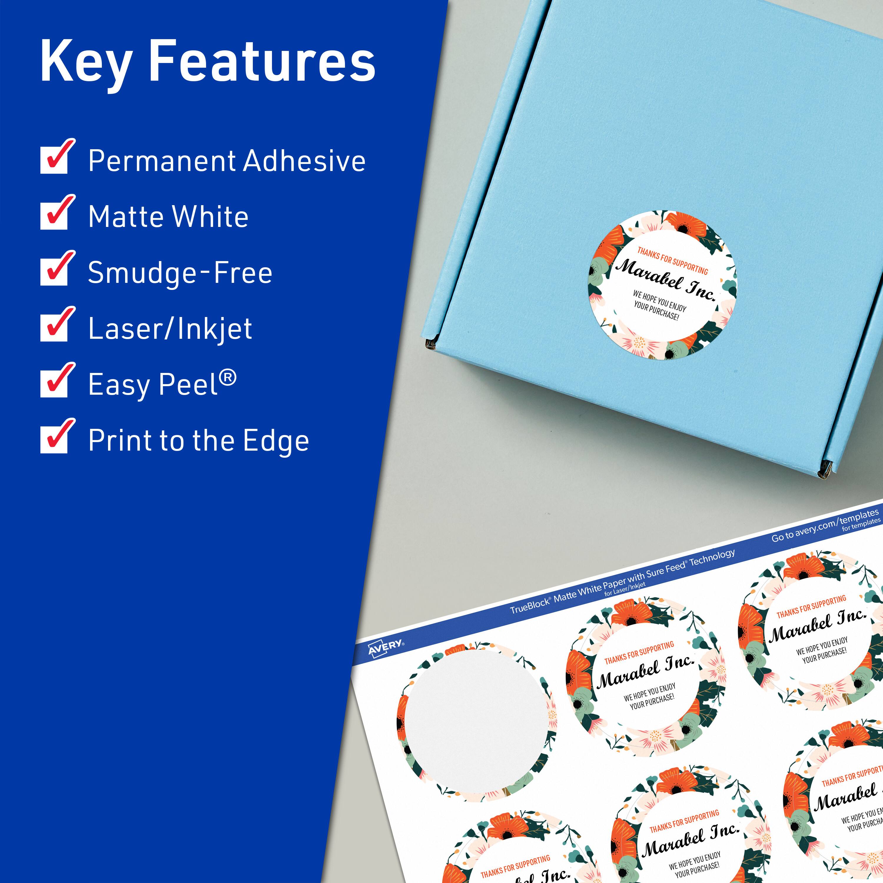 Key Features

- Permanent Adhesive
- Matte White
- Smudge-Free
- Laser/Inkjet
- Easy Peel®
- Print to the Edge

THANKS FOR SUPPORTING  
Marabel Inc.  
WE HOPE YOU ENJOY YOUR PURCHASE!

TrueBlock Matte White Paper with Sure Feed Technology

Go to avery.com/templates