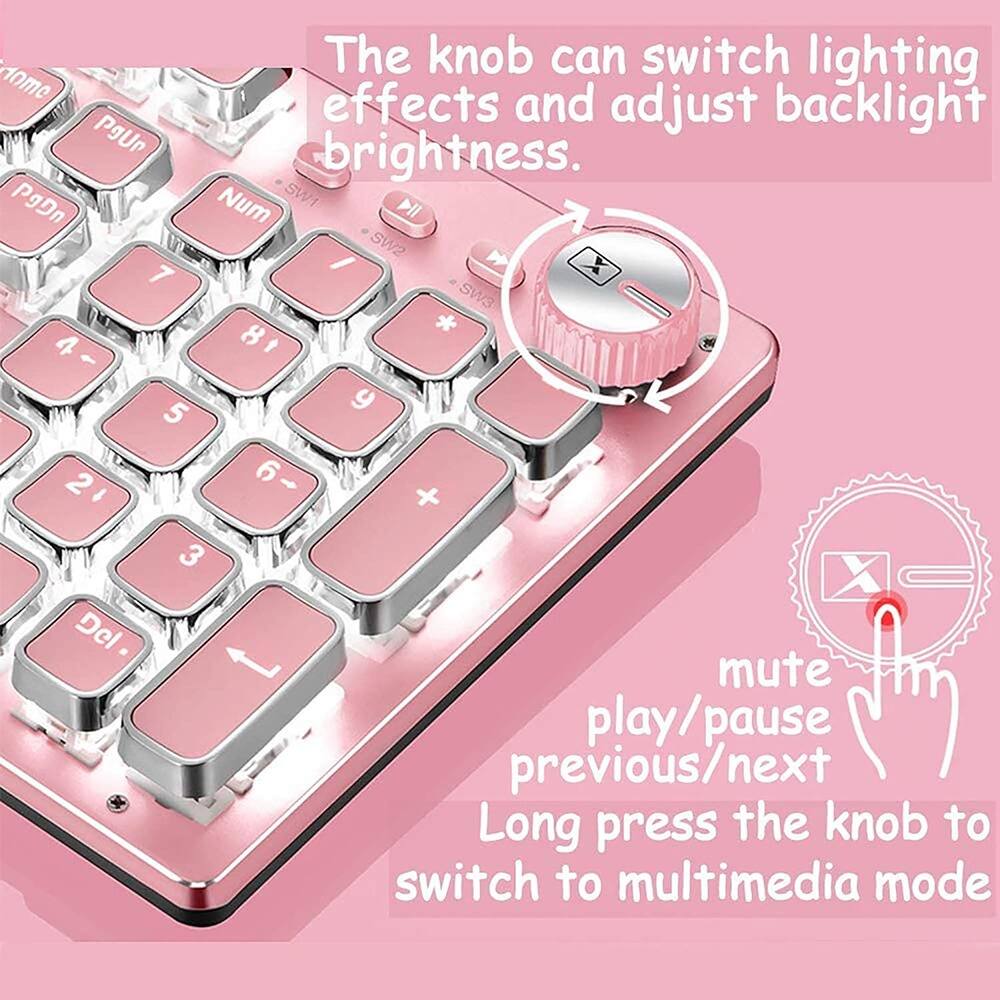 The knob can switch lighting effects and adjust backlight brightness.

Long press the knob to switch to multimedia mode.

mute play/pause previous/next