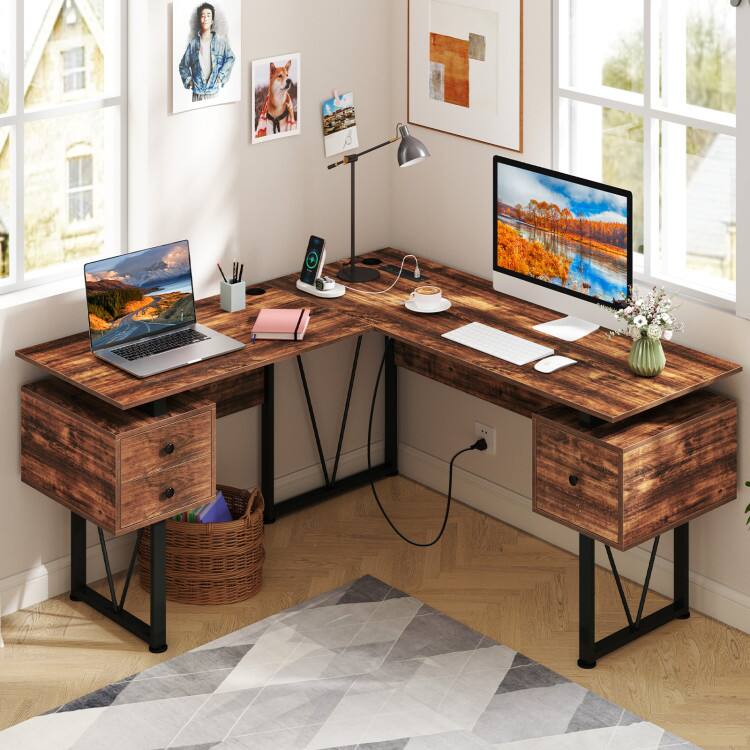 Left. SlickBlue - L-Shaped Computer Desk with Power Outlets and 3 Storage Drawers - Rustic Brown.